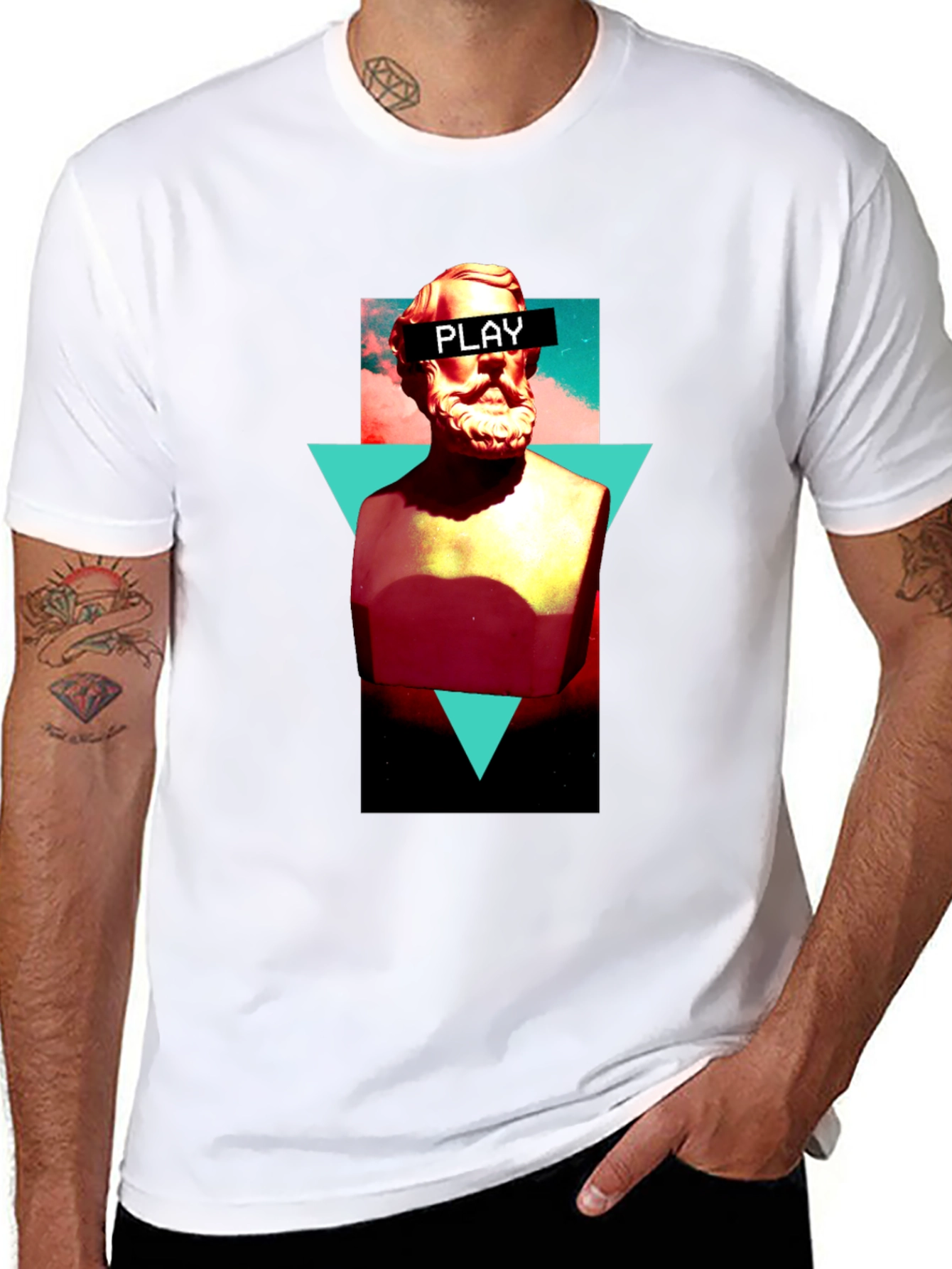 Abstract Statue Graphic Tee - Playful Mens Black T-Shirt