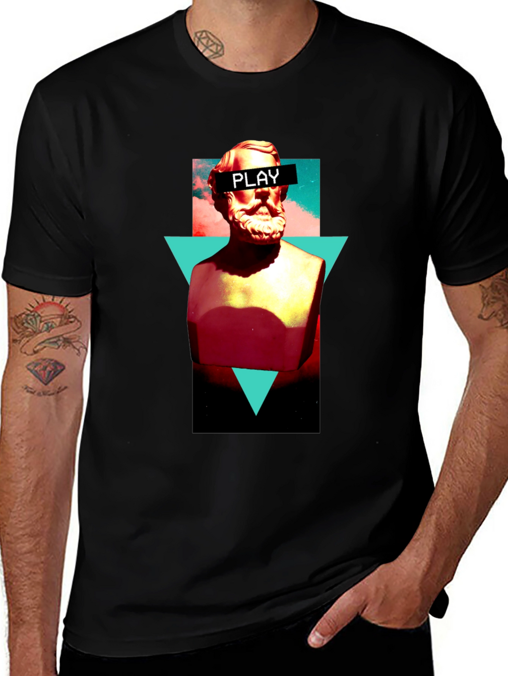 Abstract Statue Graphic Tee - Playful Mens Black T-Shirt
