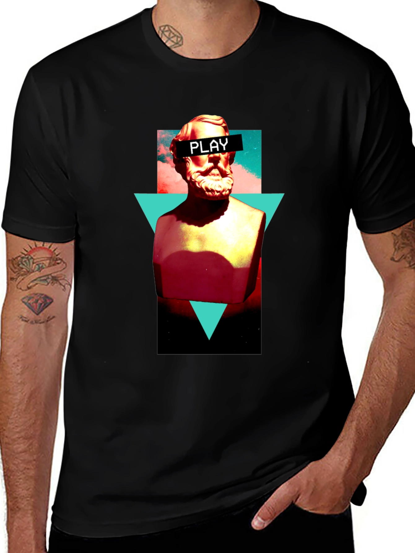 Abstract Statue Graphic Tee - Playful Mens Black T-Shirt