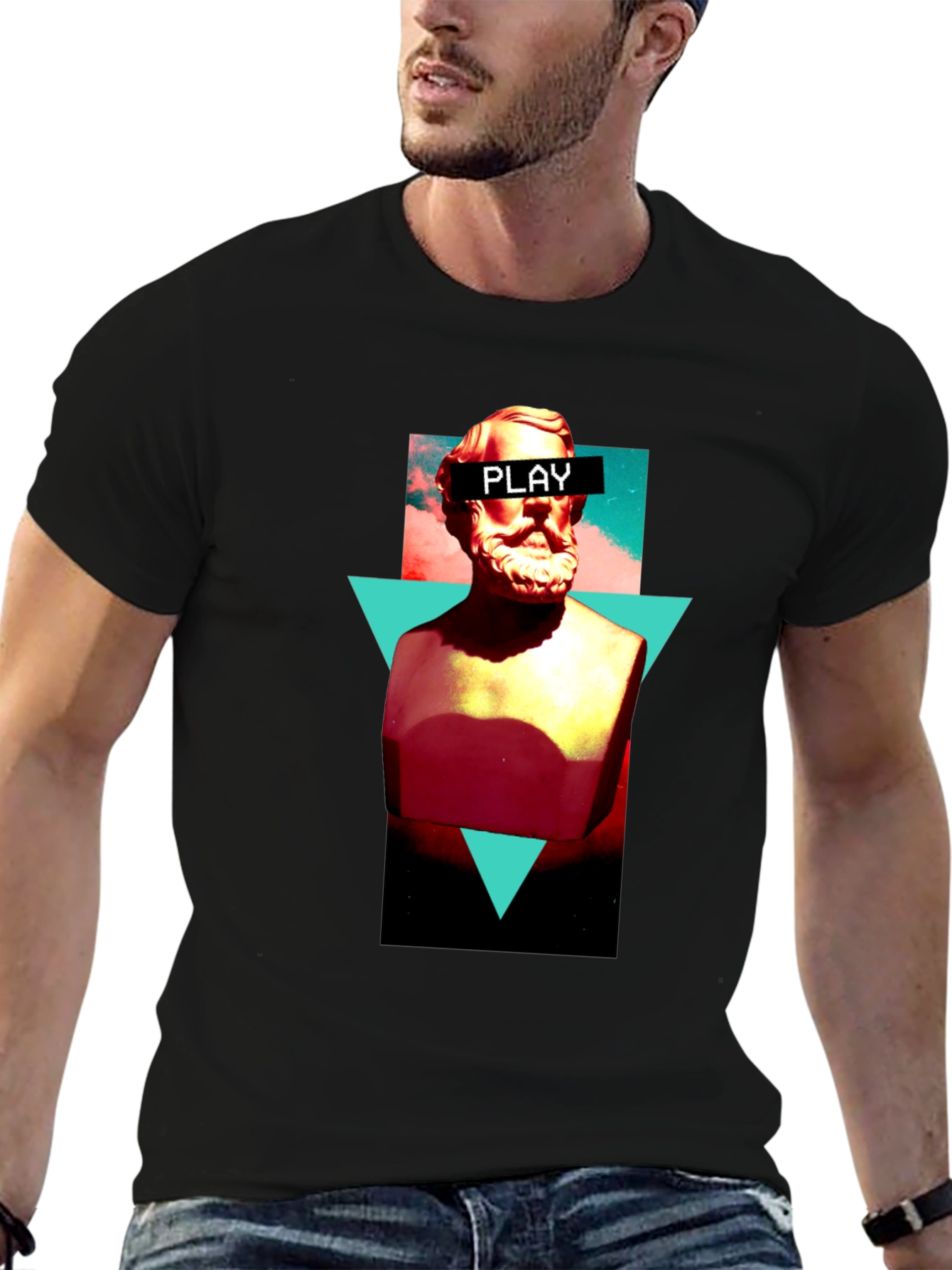 Abstract Statue Graphic Tee - Playful Mens Black T-Shirt