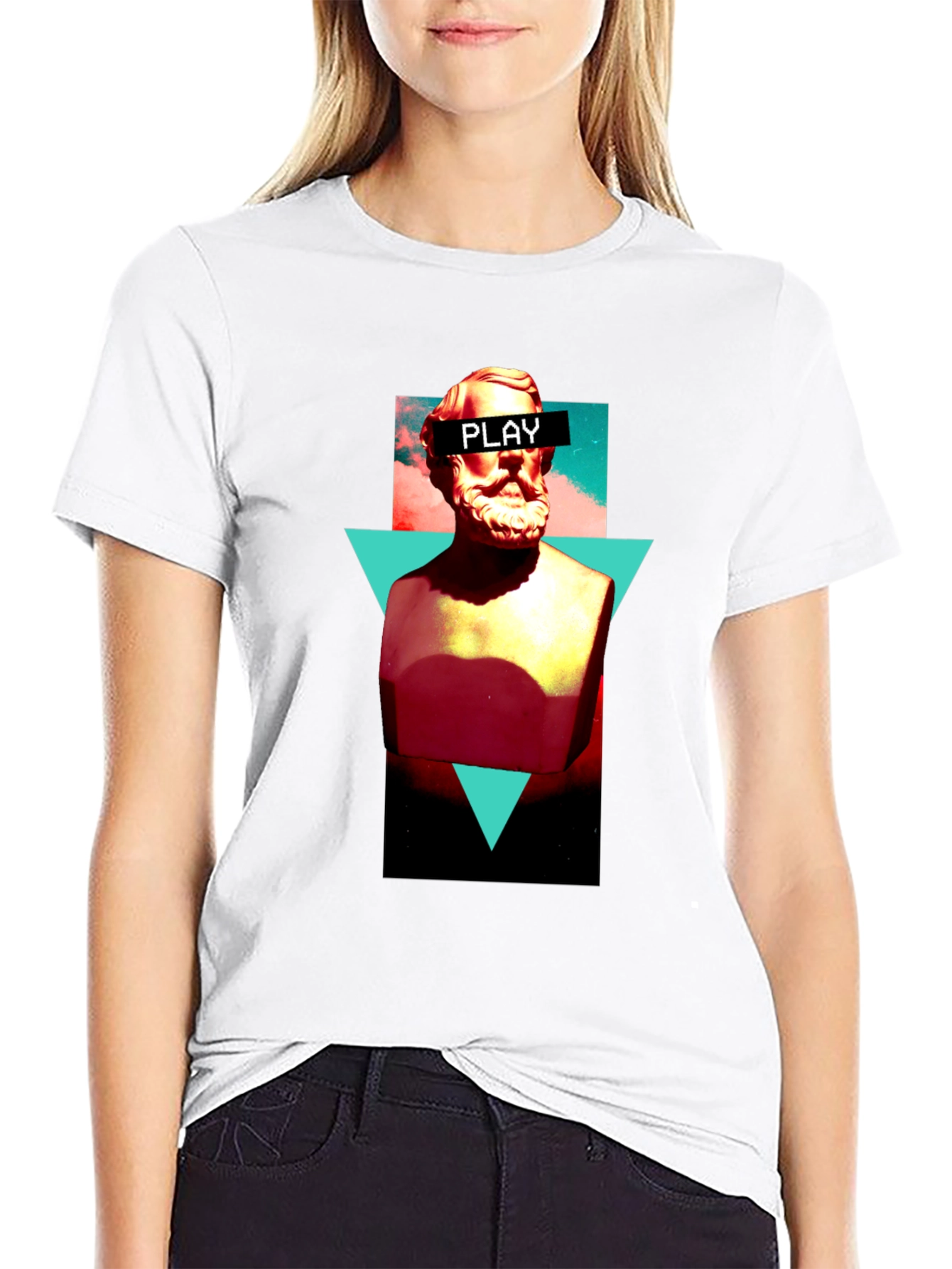Abstract Statue Graphic Tee - Playful Mens Black T-Shirt