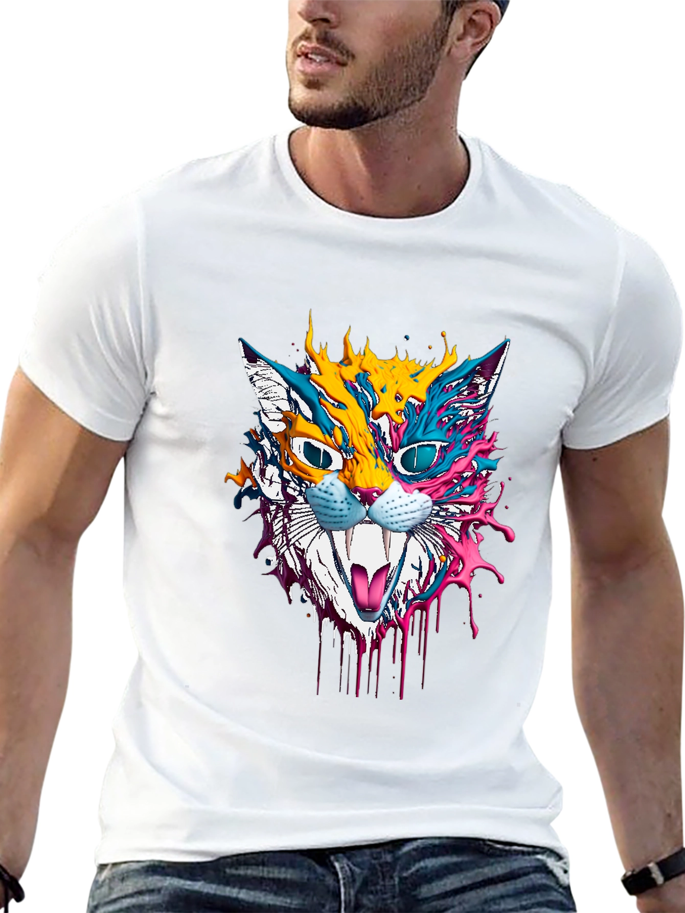 Psychedelic Cat Graphic T-Shirt - Unique Art Tee