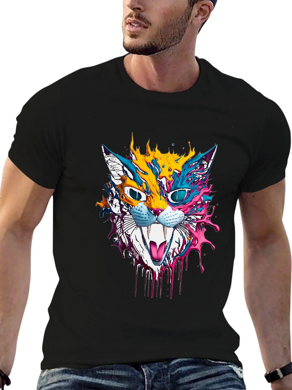 Psychedelic Cat Graphic T-Shirt - Unique Art Tee