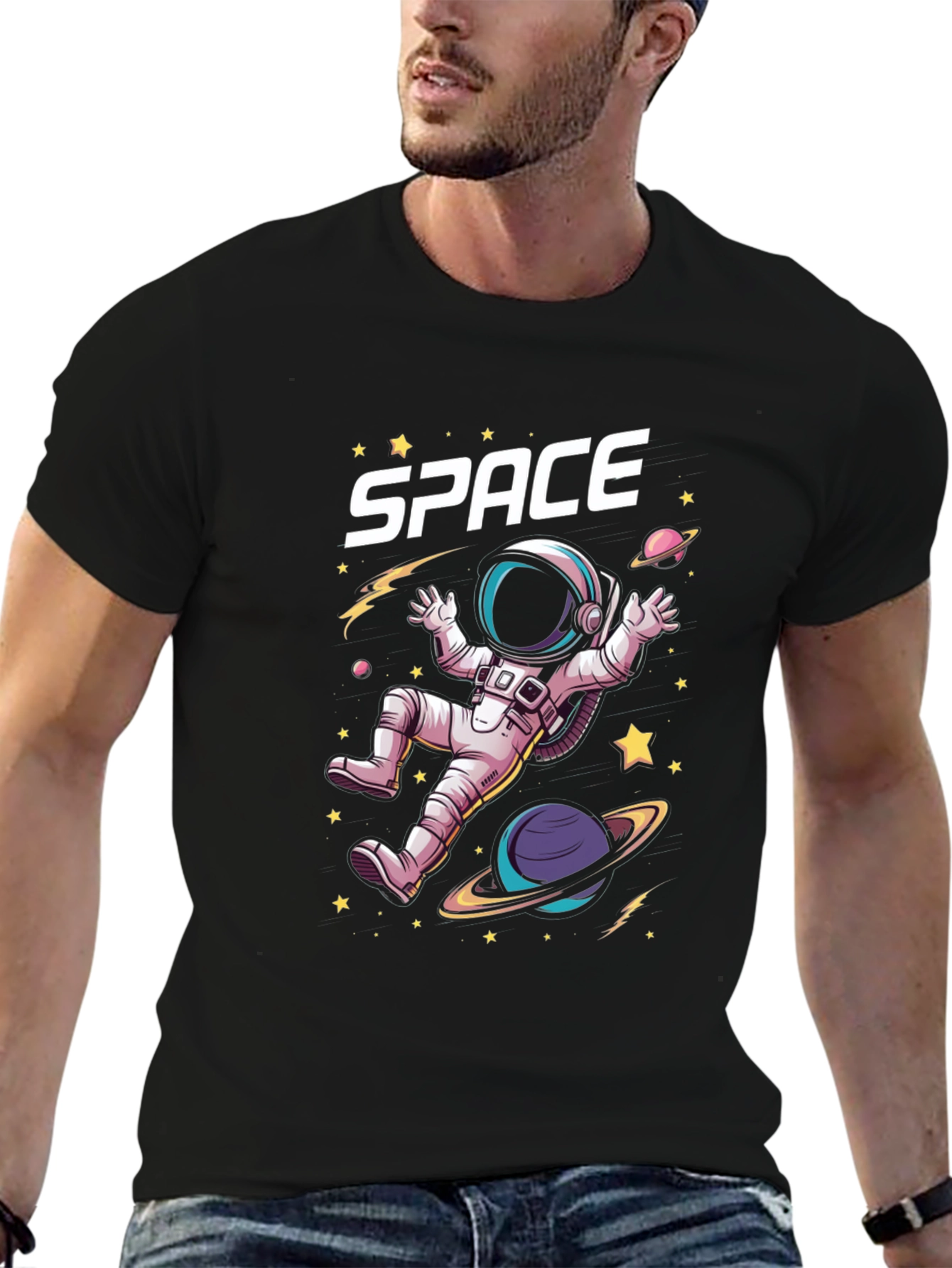 Space Astronaut Graphic T-Shirt - Black Cotton Tee