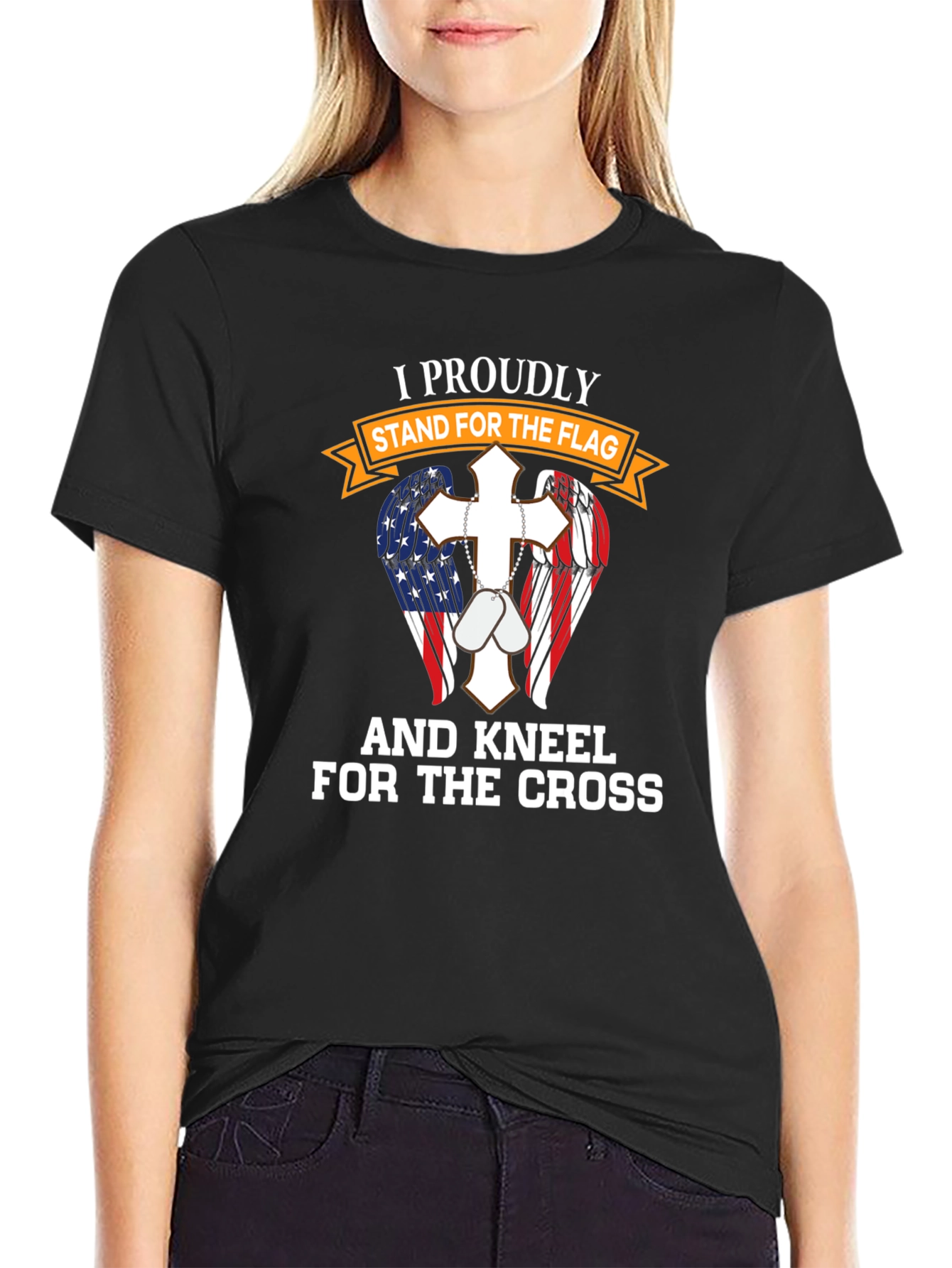 Patriotic Christian T-Shirt: Stand for Flag Kneel for Cross
