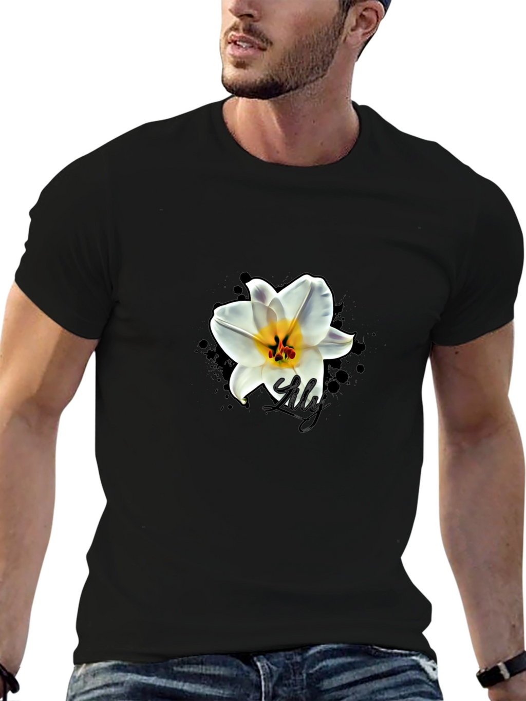 Black T-Shirt with Lily Graphic