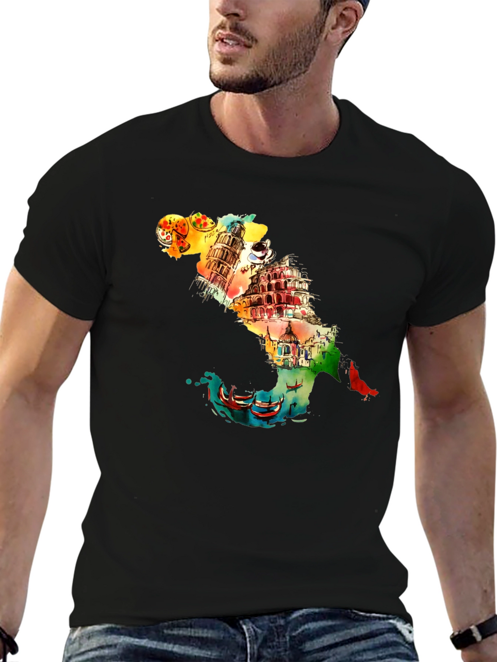 Italy Landmark Graphic Black T-Shirt