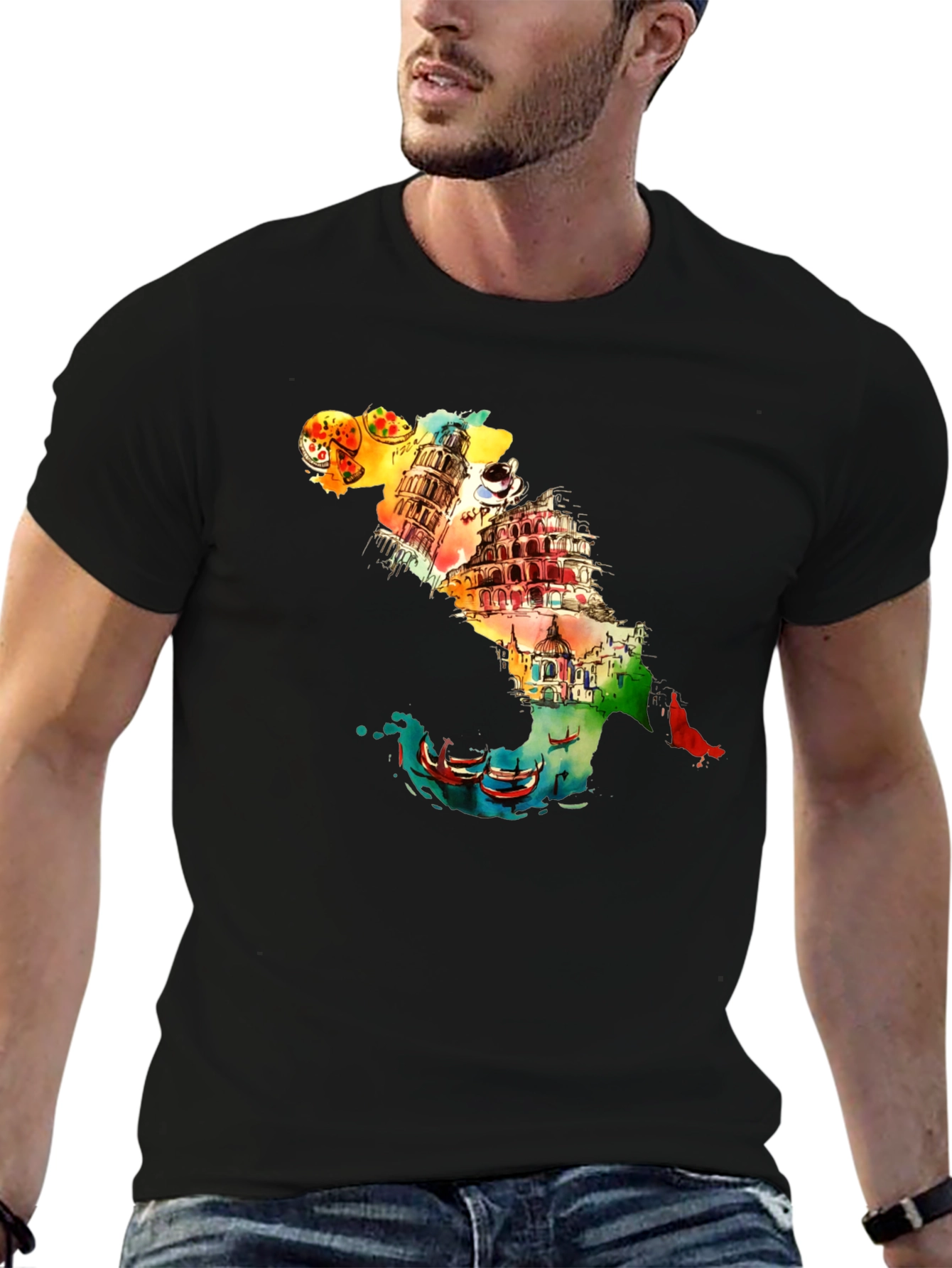Italy Landmark Graphic Black T-Shirt