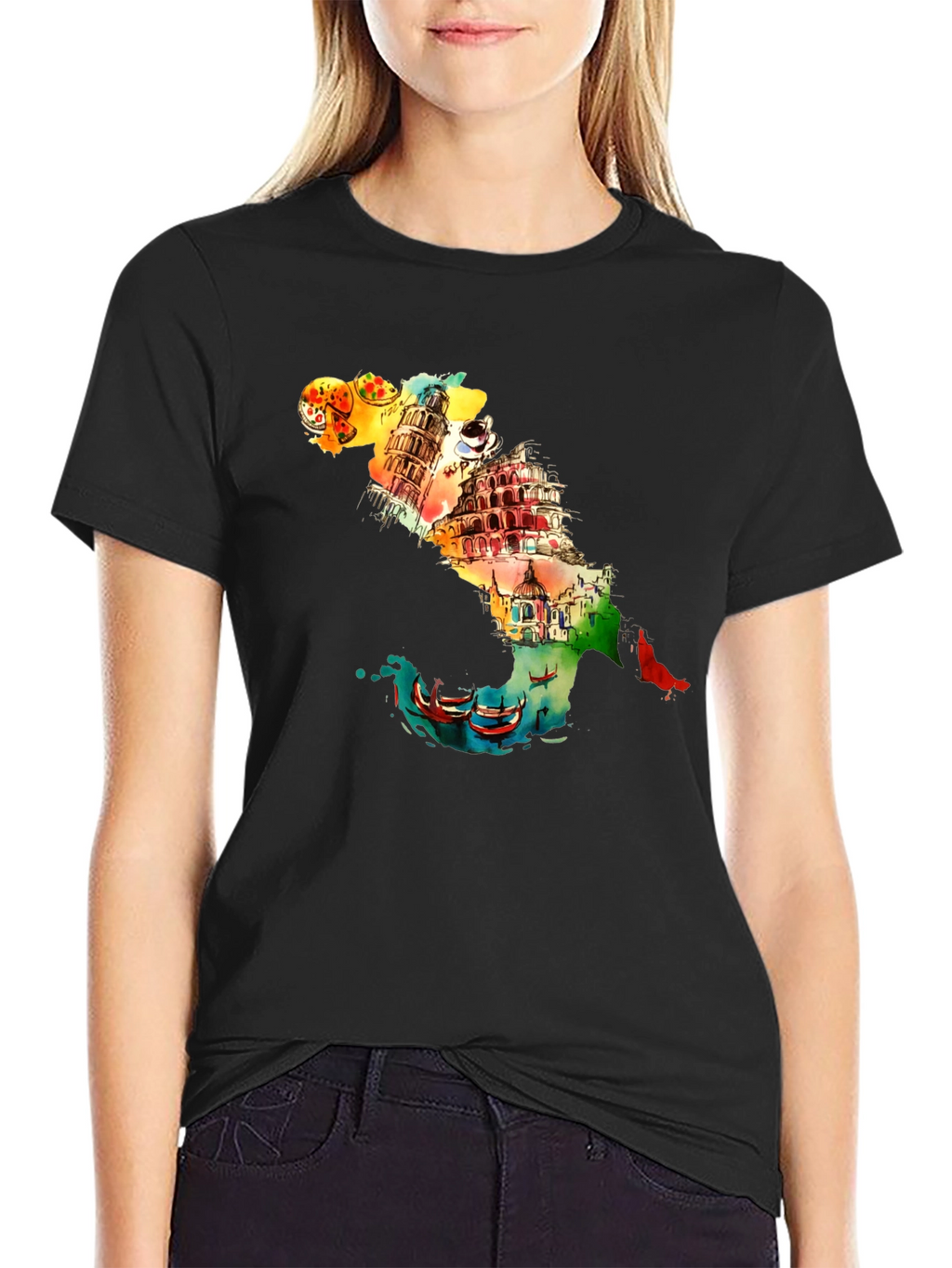 Italy Landmark Graphic Black T-Shirt