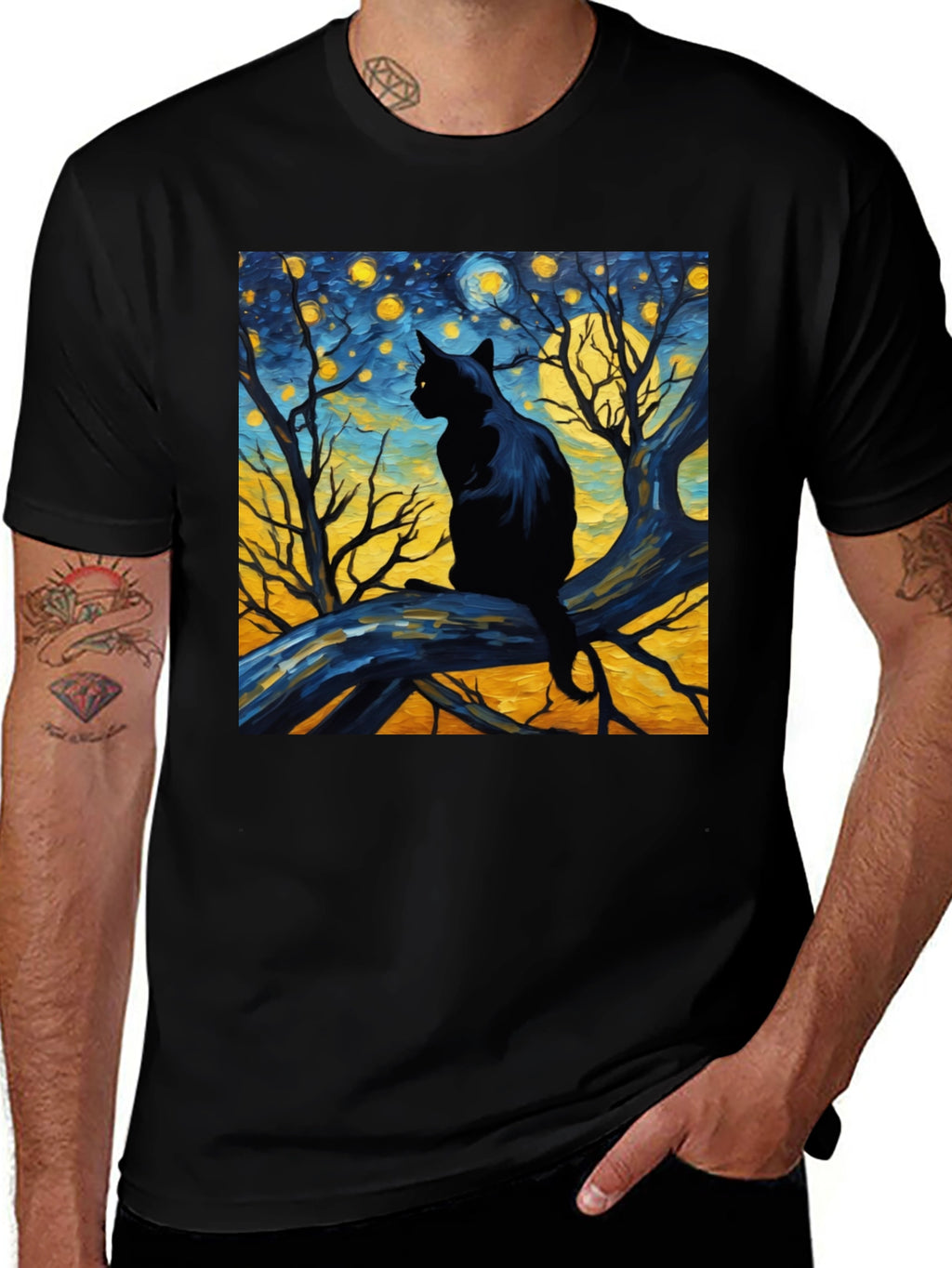 Starry Night Cat Tee - Artistic Black Cat T-Shirt