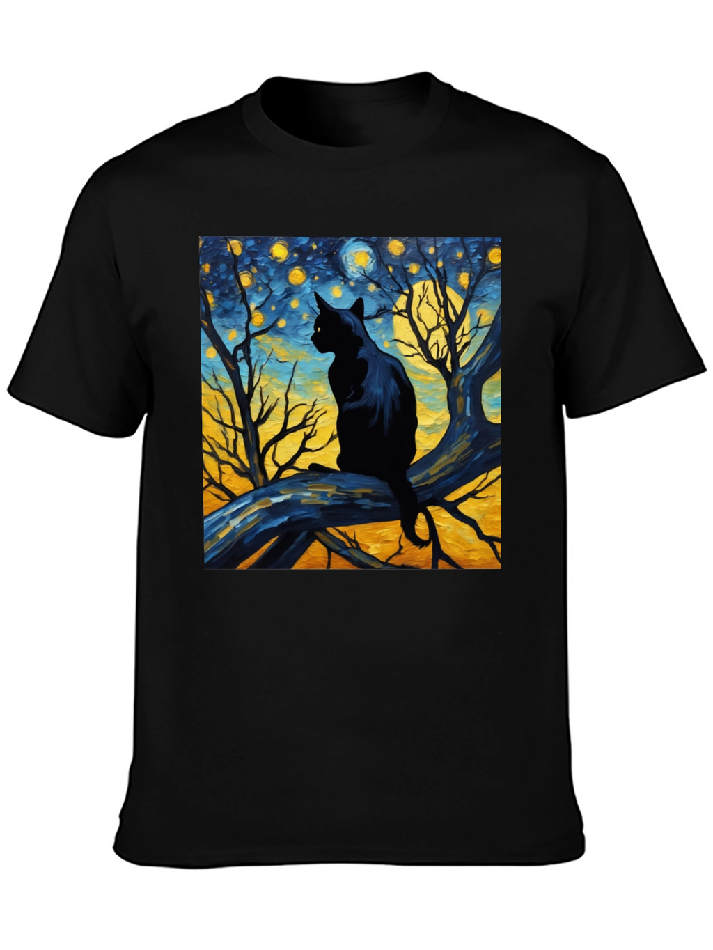 Starry Night Cat Tee - Artistic Black Cat T-Shirt