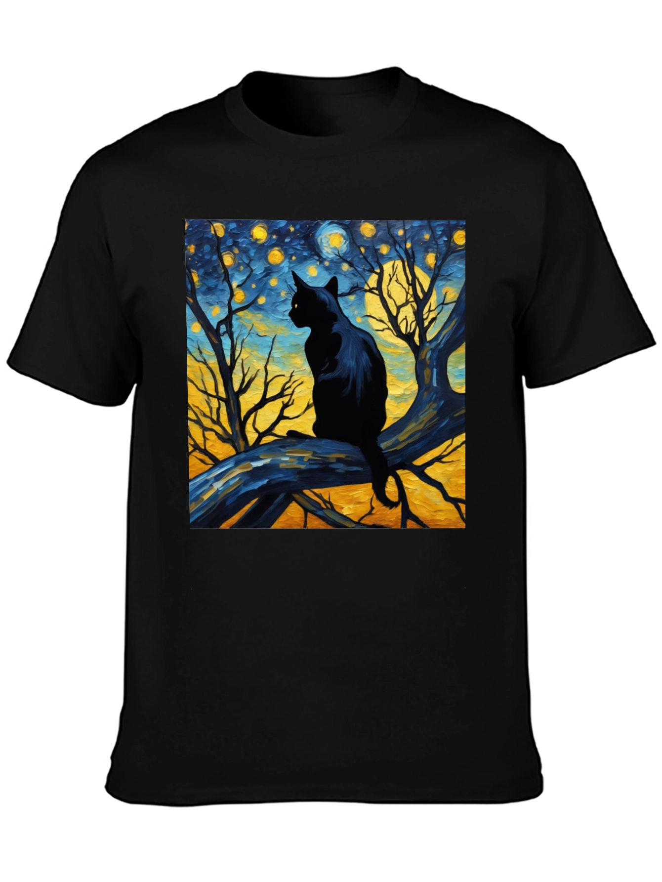 Starry Night Cat Tee - Artistic Black Cat T-Shirt