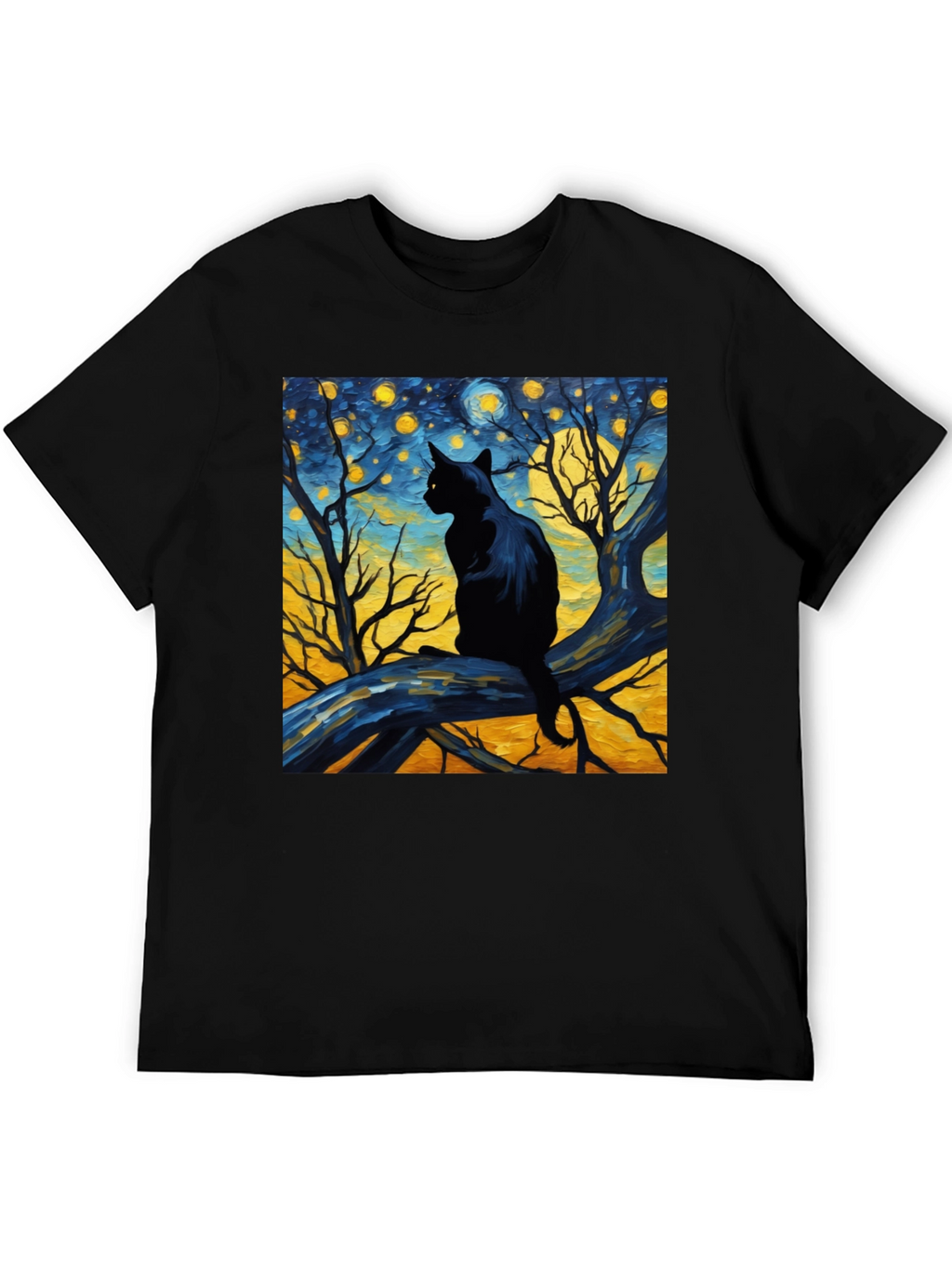 Starry Night Cat Tee - Artistic Black Cat T-Shirt