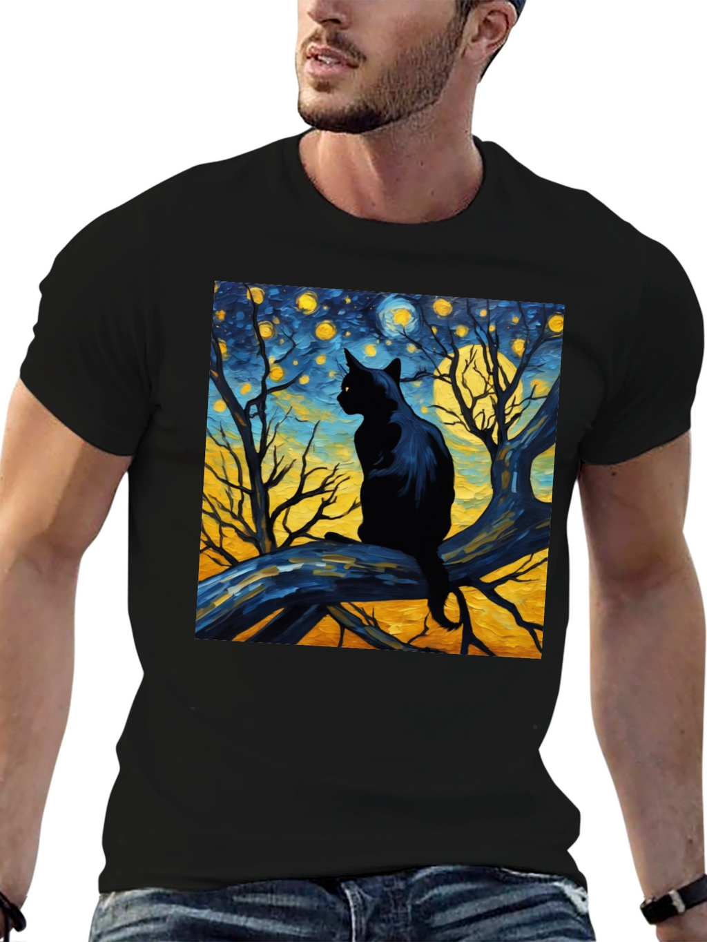 Starry Night Cat Tee - Artistic Black Cat T-Shirt