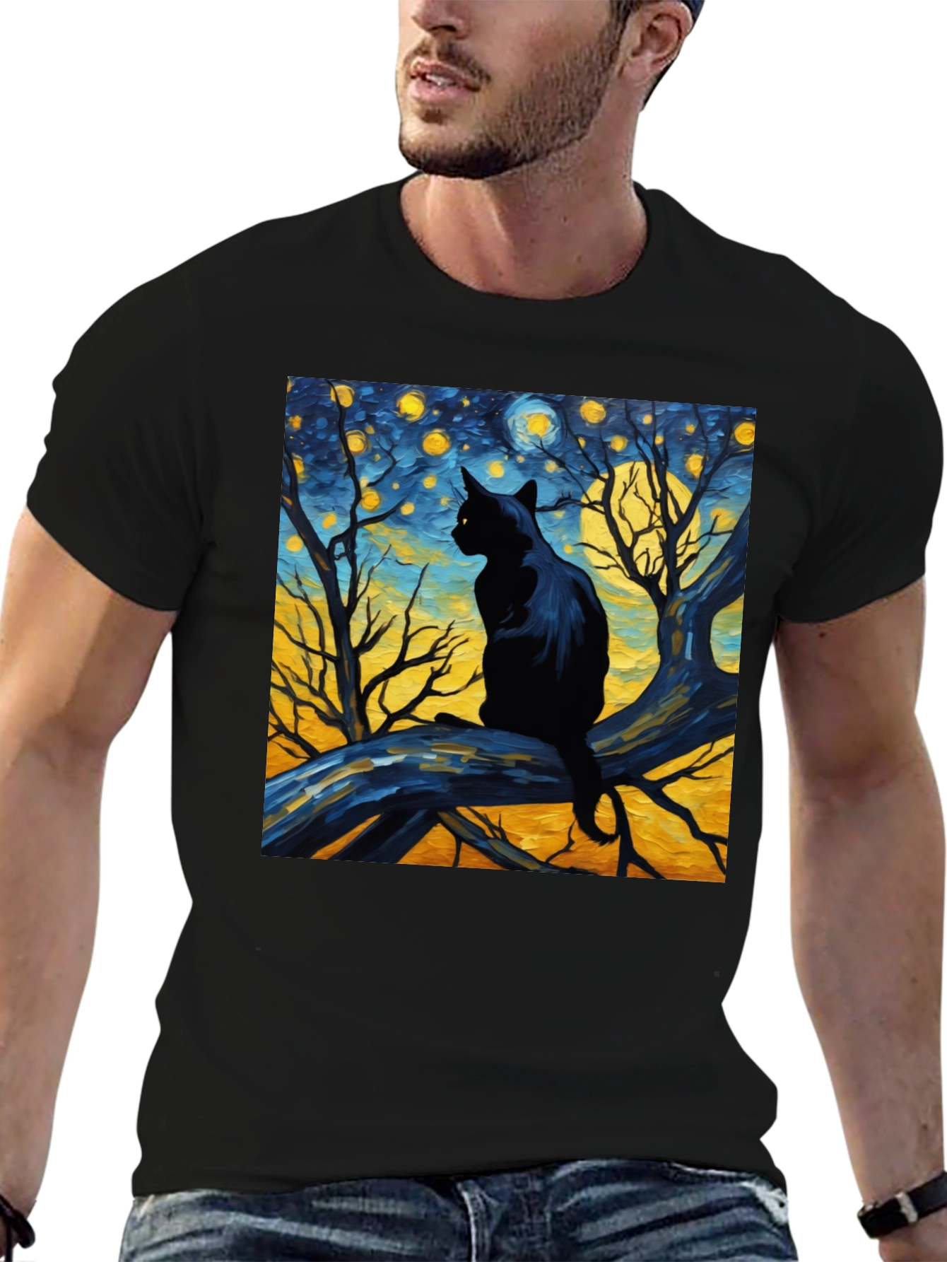 Starry Night Cat Tee - Artistic Black Cat T-Shirt