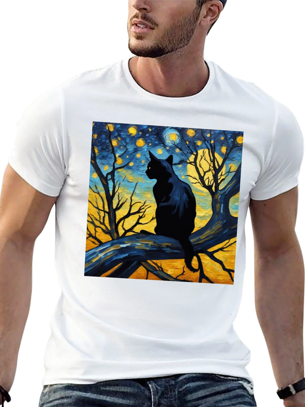 Starry Night Cat Tee - Artistic Black Cat T-Shirt