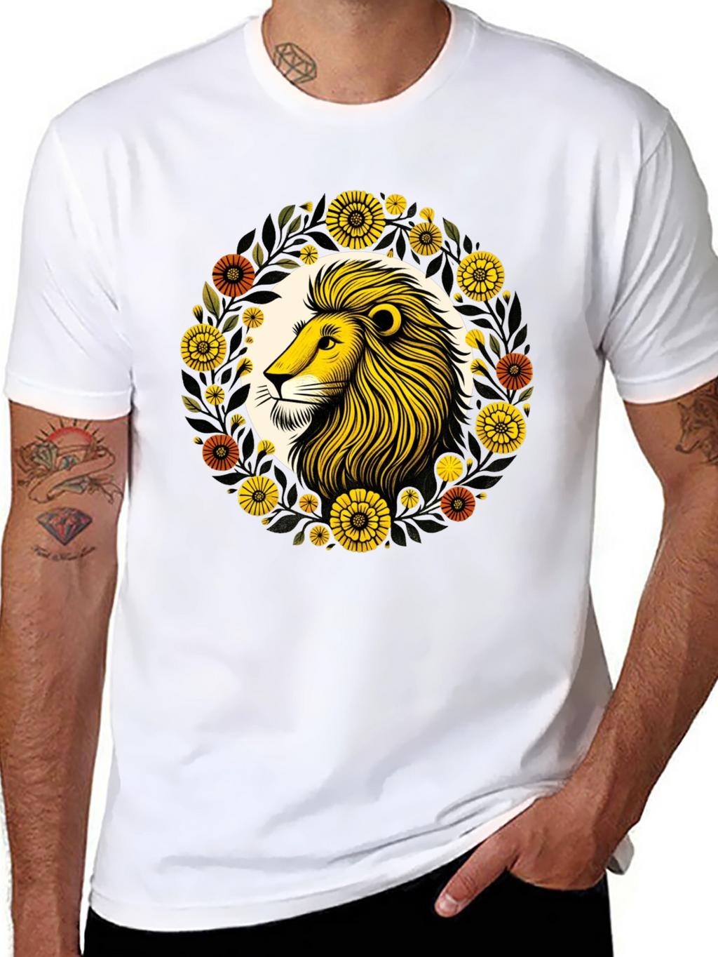 Lion Floral Graphic Black T-Shirt