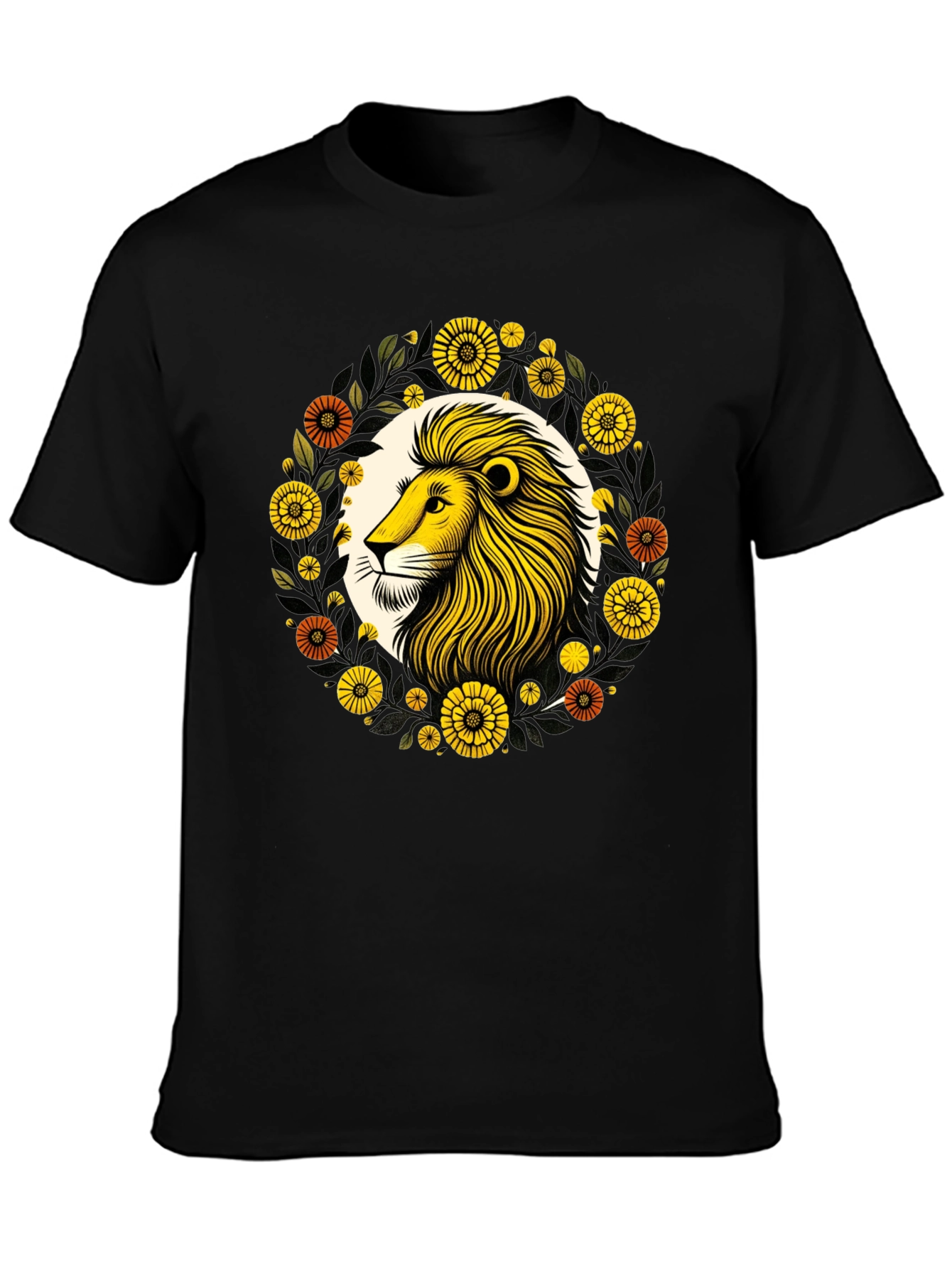 Lion Floral Graphic Black T-Shirt