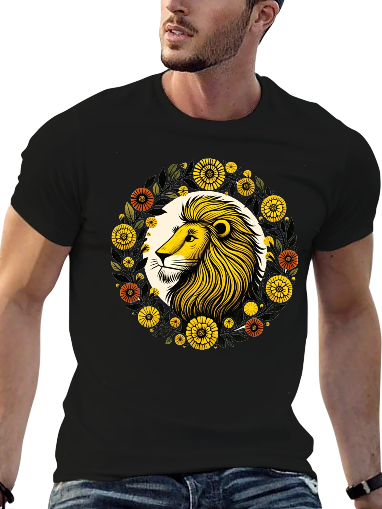 Lion Floral Graphic Black T-Shirt