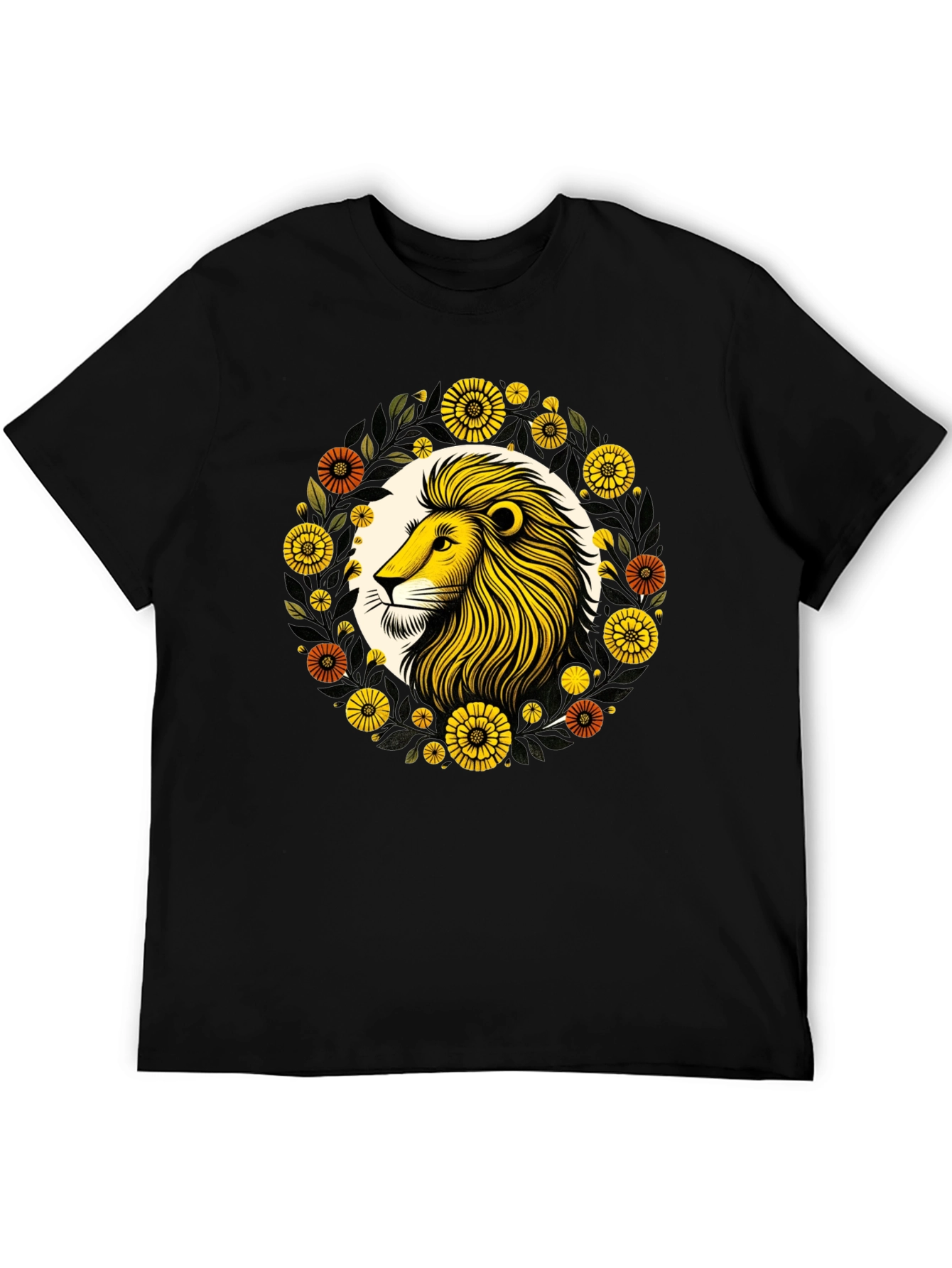 Lion Floral Graphic Black T-Shirt
