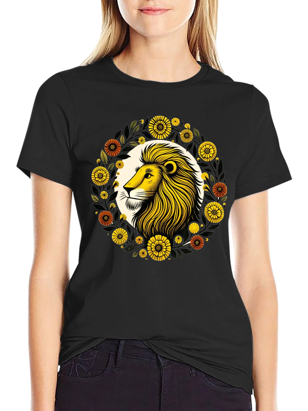 Lion Floral Graphic Black T-Shirt