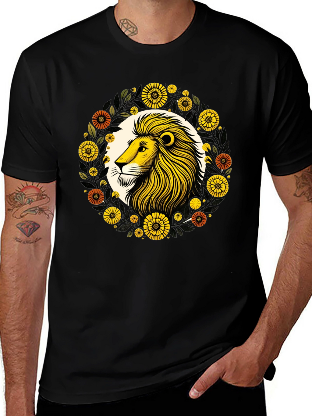 Lion Floral Graphic Black T-Shirt