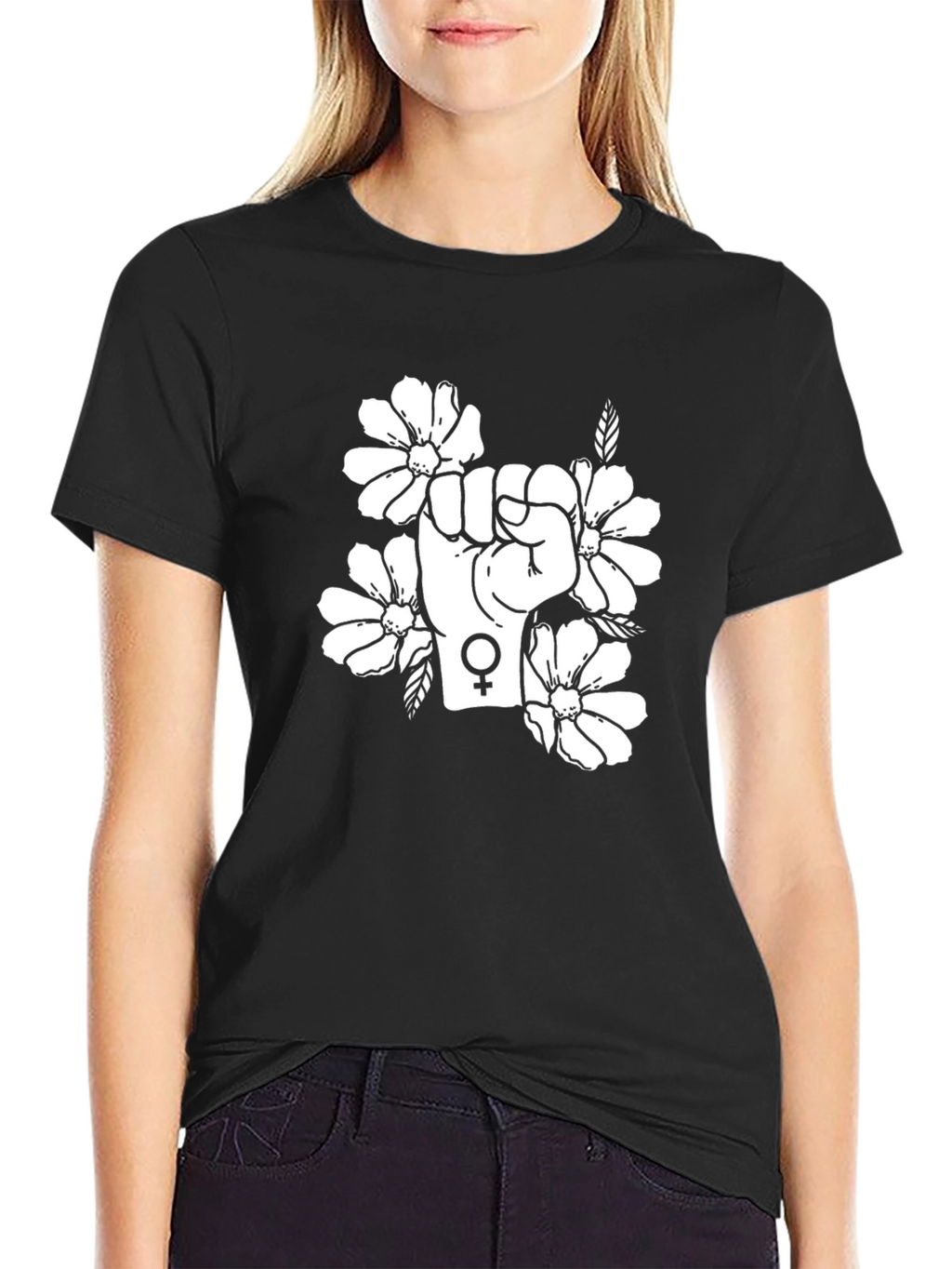 Feminist Floral Power Fist Black T-Shirt