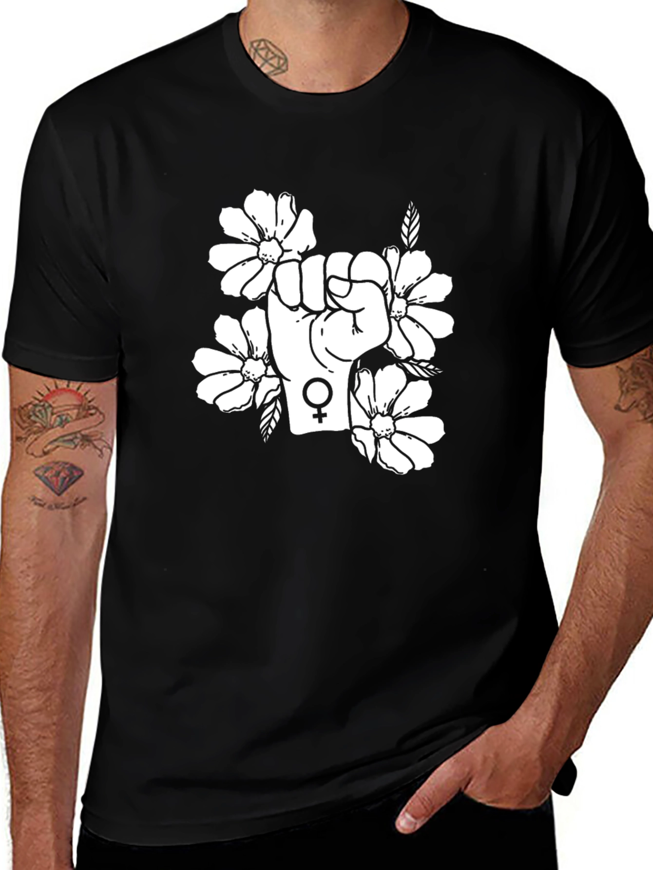 Feminist Floral Power Fist Black T-Shirt