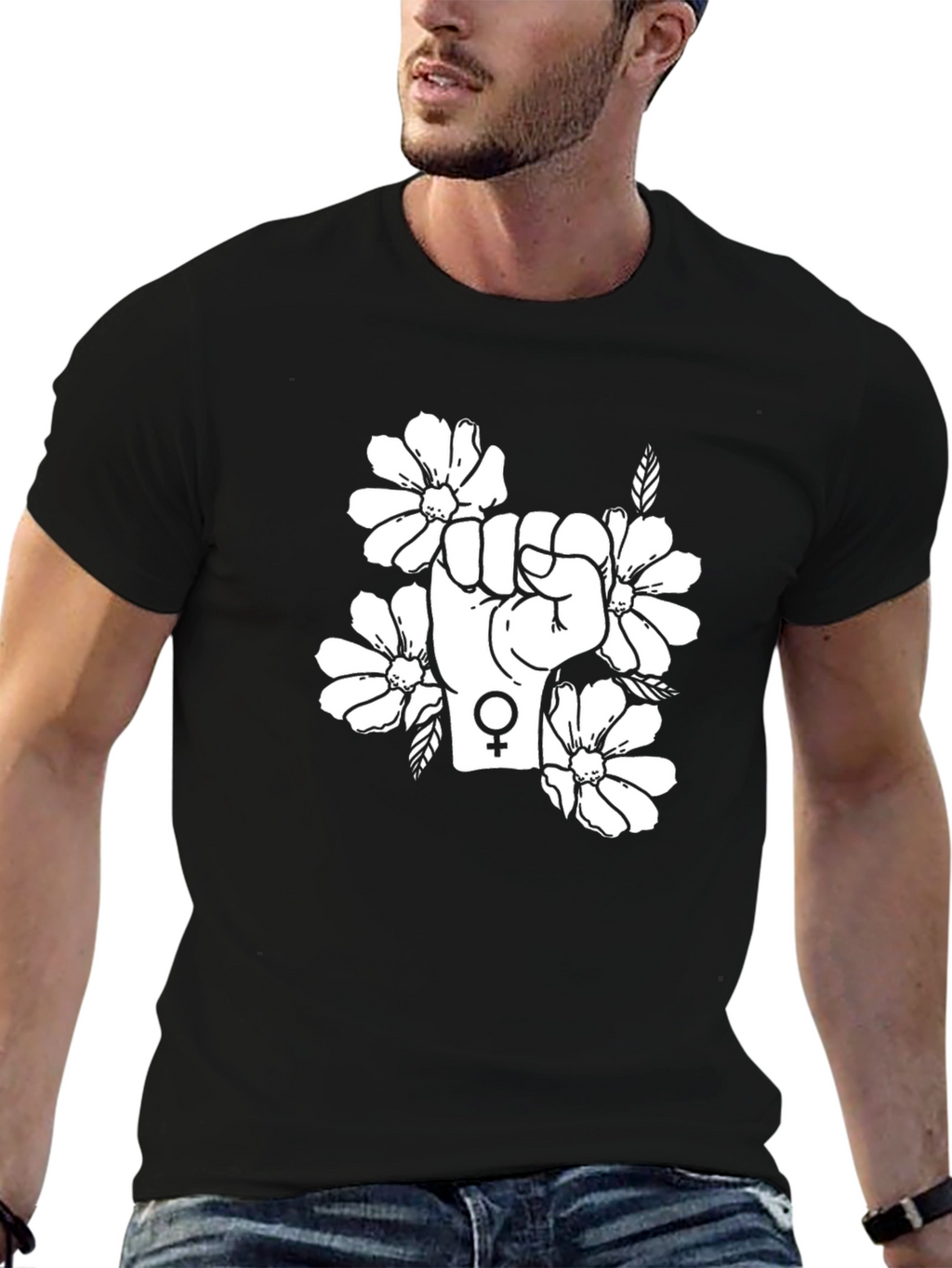 Feminist Floral Power Fist Black T-Shirt