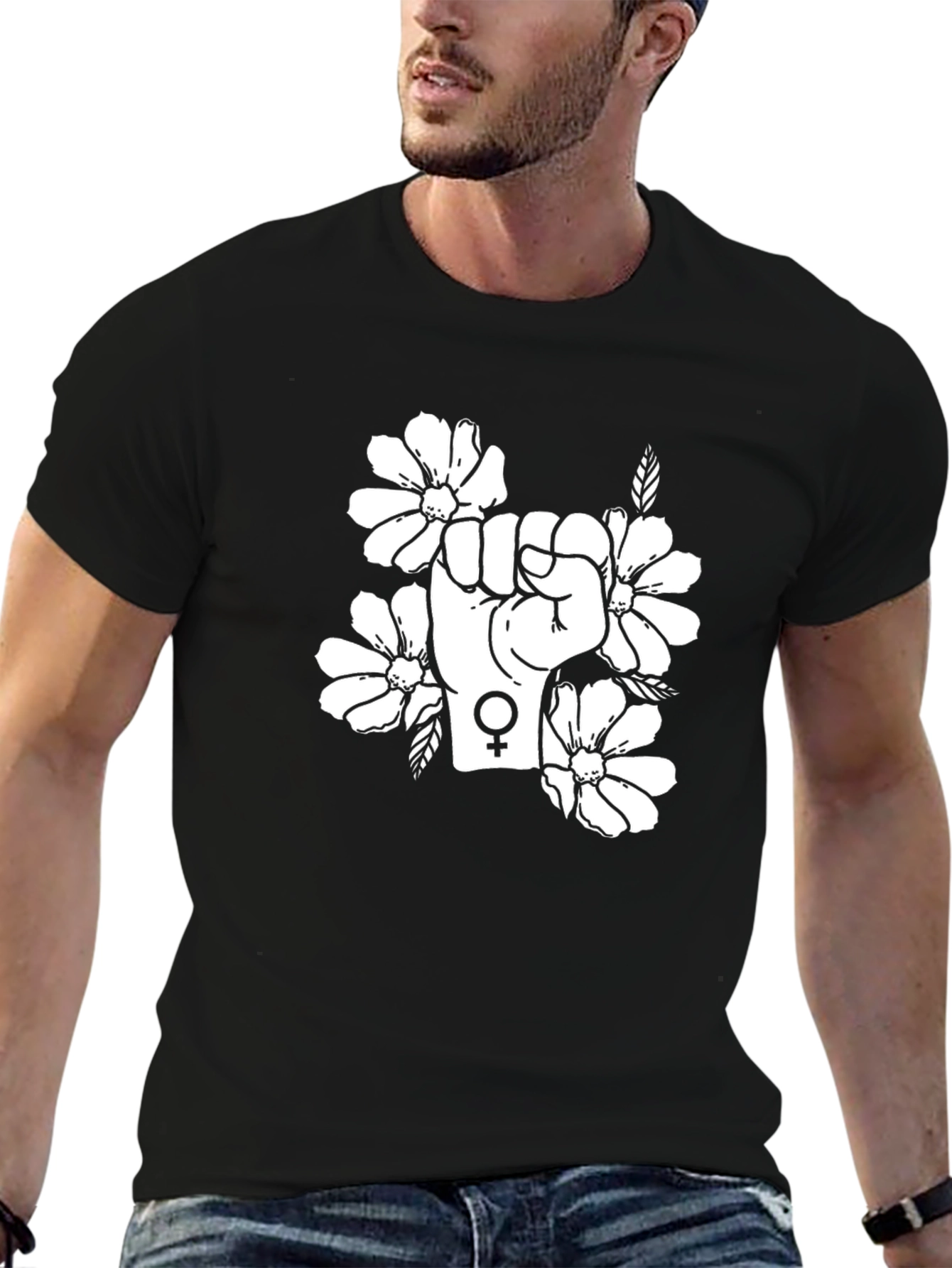 Feminist Floral Power Fist Black T-Shirt