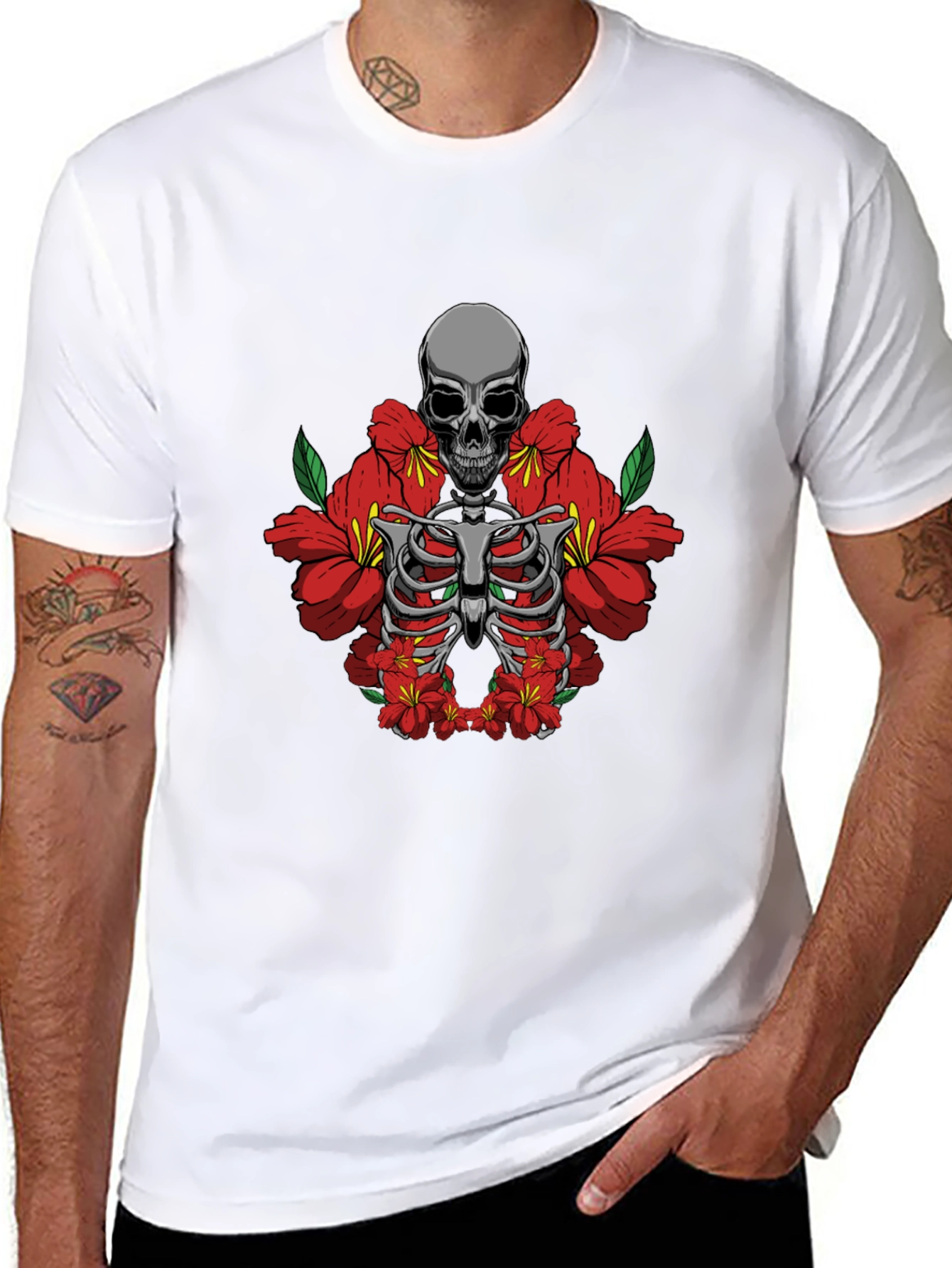 Skull & Flowers Graphic Tee - Black