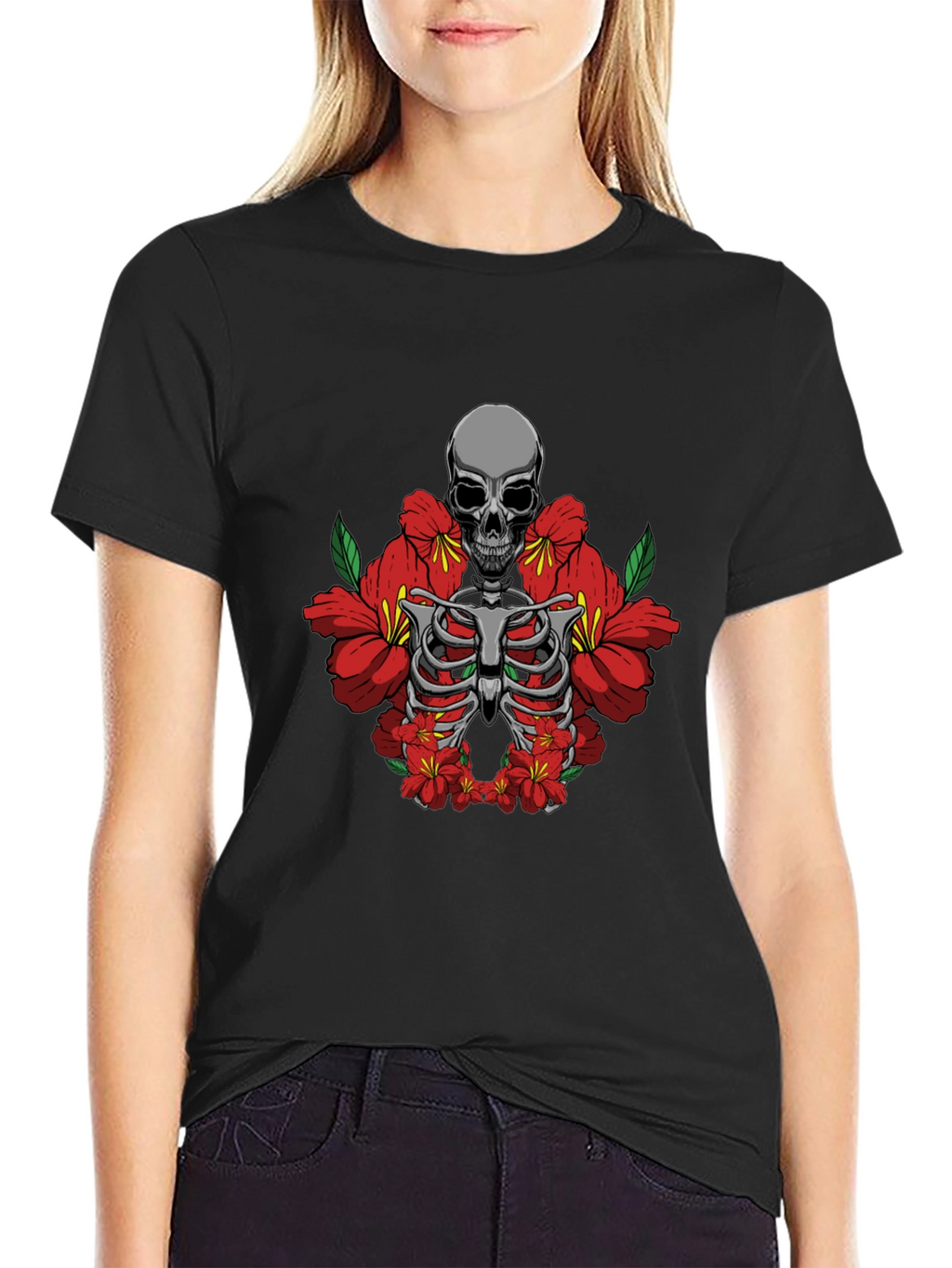 Skull & Flowers Graphic Tee - Black