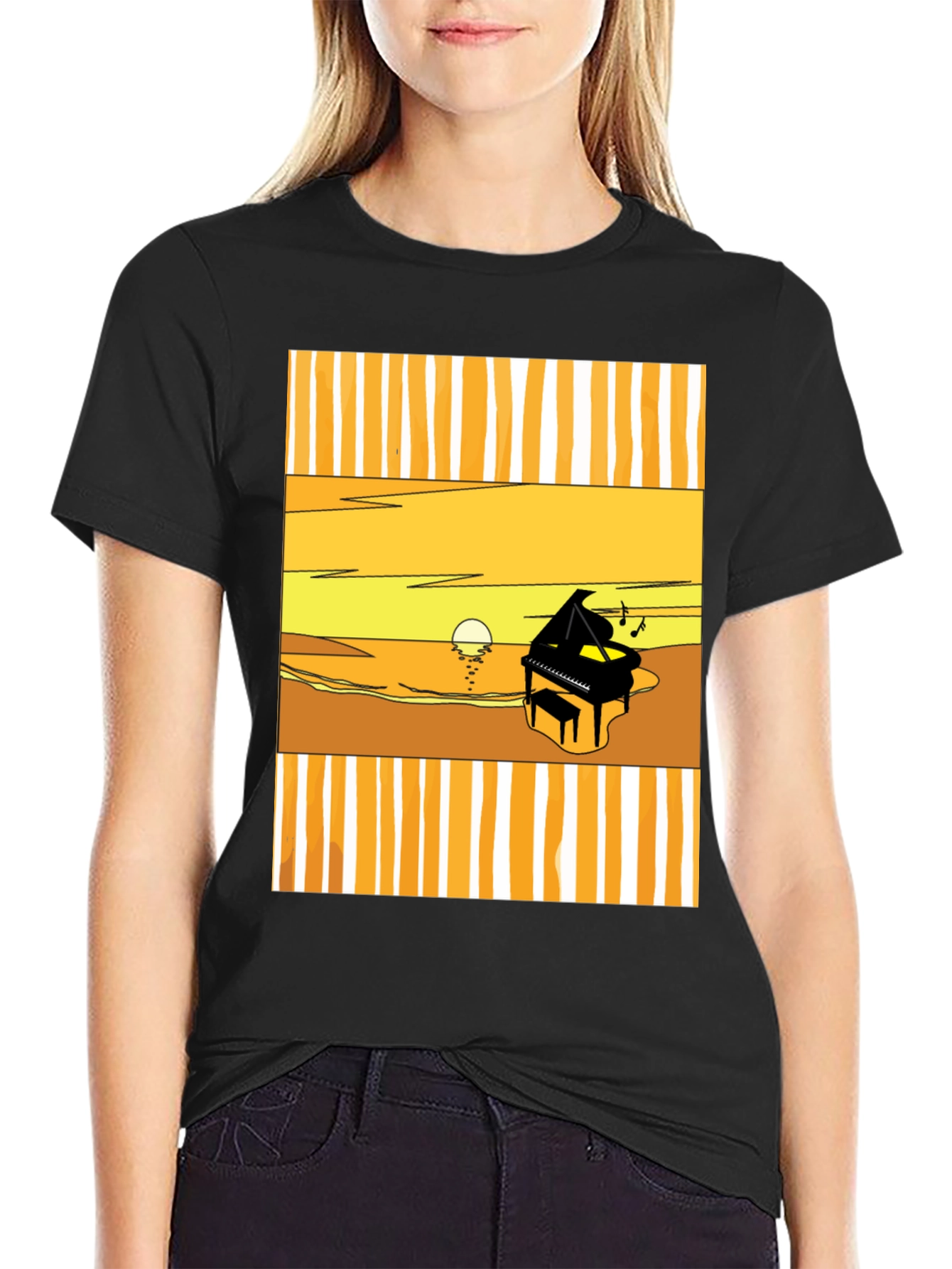 Sunset Piano Graphic Tee - Black Cotton T-Shirt