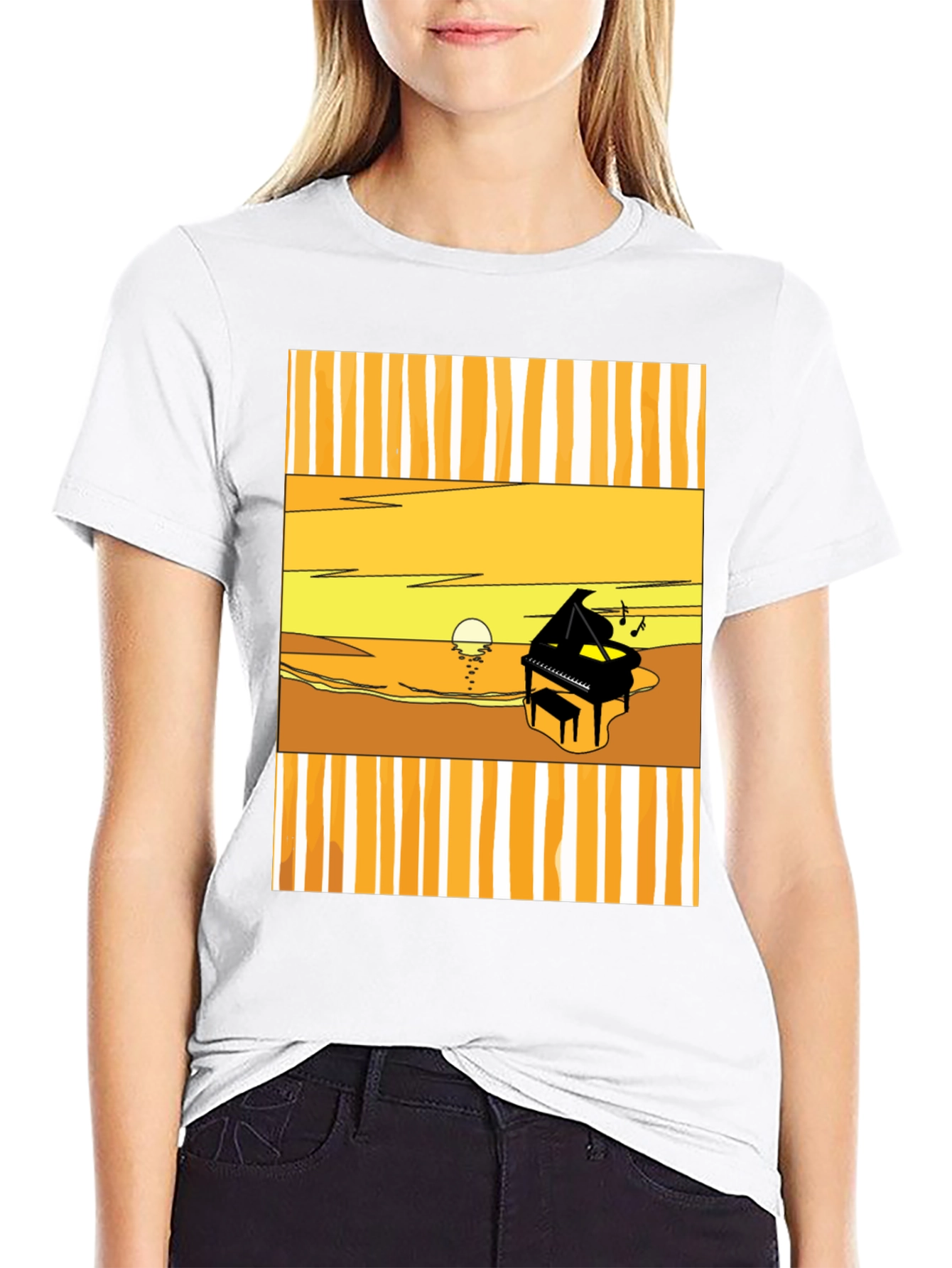 Sunset Piano Graphic Tee - Black Cotton T-Shirt