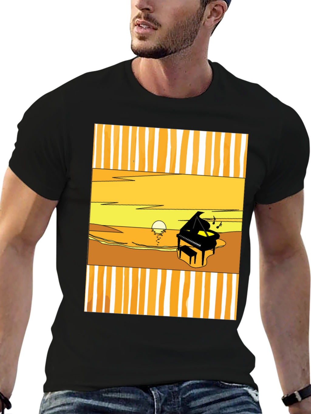 Sunset Piano Graphic Tee - Black Cotton T-Shirt