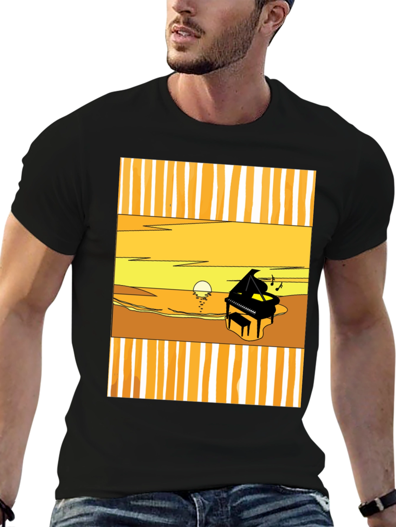 Sunset Piano Graphic Tee - Black Cotton T-Shirt