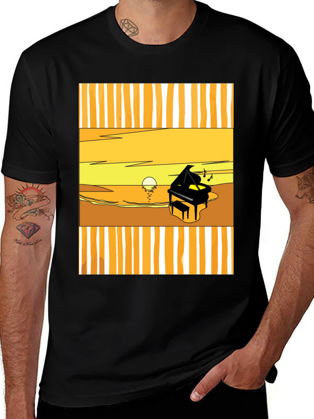 Sunset Piano Graphic Tee - Black Cotton T-Shirt