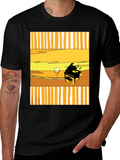 Sunset Piano Graphic Tee - Black Cotton T-Shirt