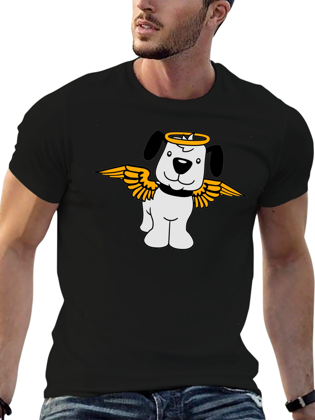 Angel Dog Graphic T-Shirt - Black Cotton Tee
