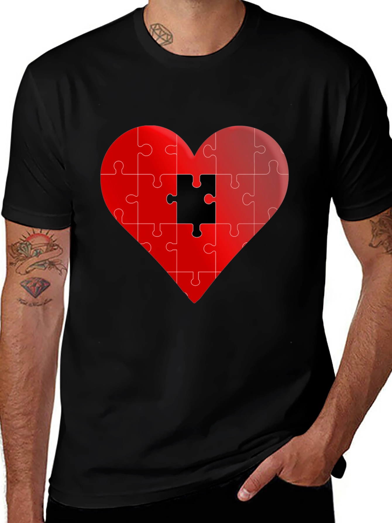 Puzzle Heart Graphic Tee - Stylish Black T-Shirt