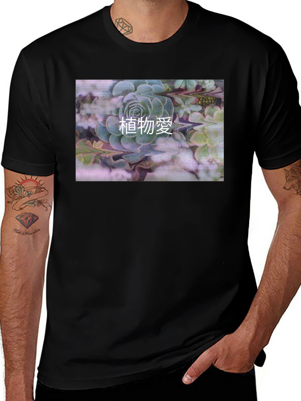 Black T-Shirt with Succulent Graphic Print