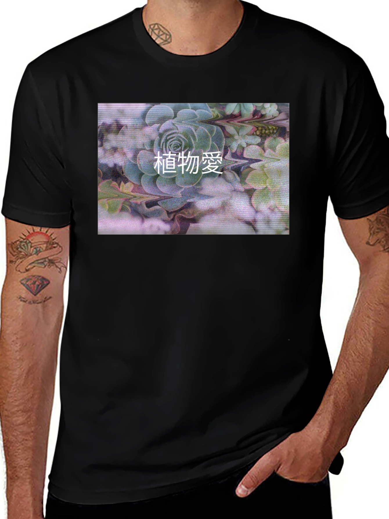 Black T-Shirt with Succulent Graphic Print