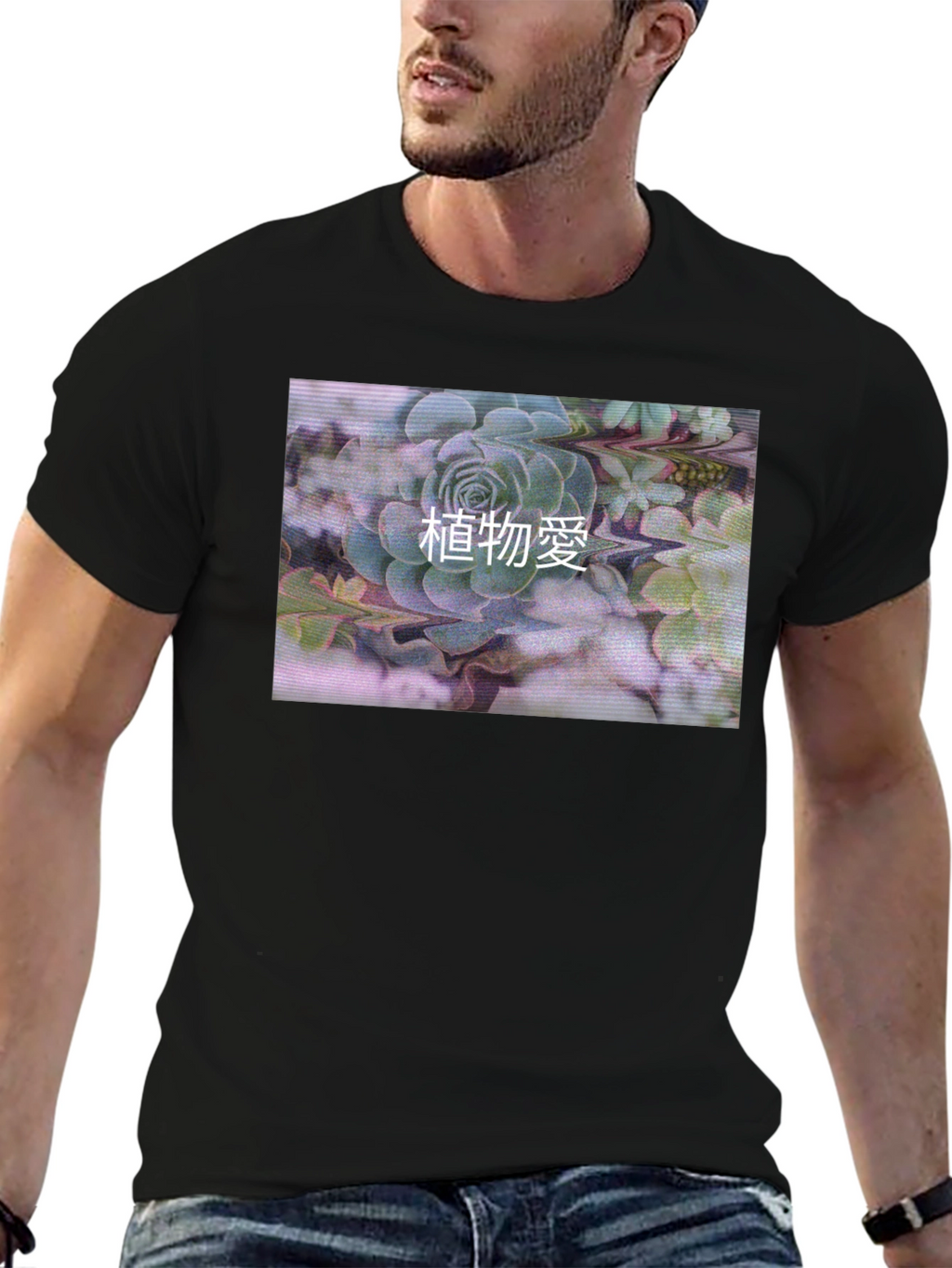 Black T-Shirt with Succulent Graphic Print