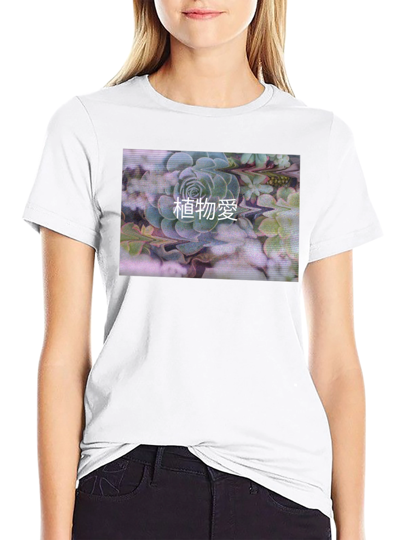 Black T-Shirt with Succulent Graphic Print