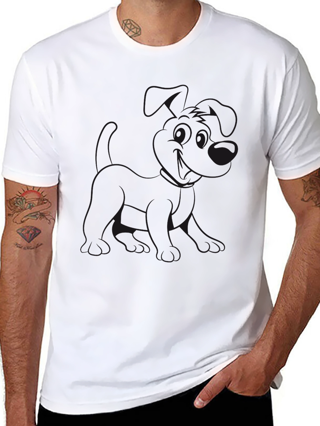 Black Crew Neck T-Shirt with Dog Graphic