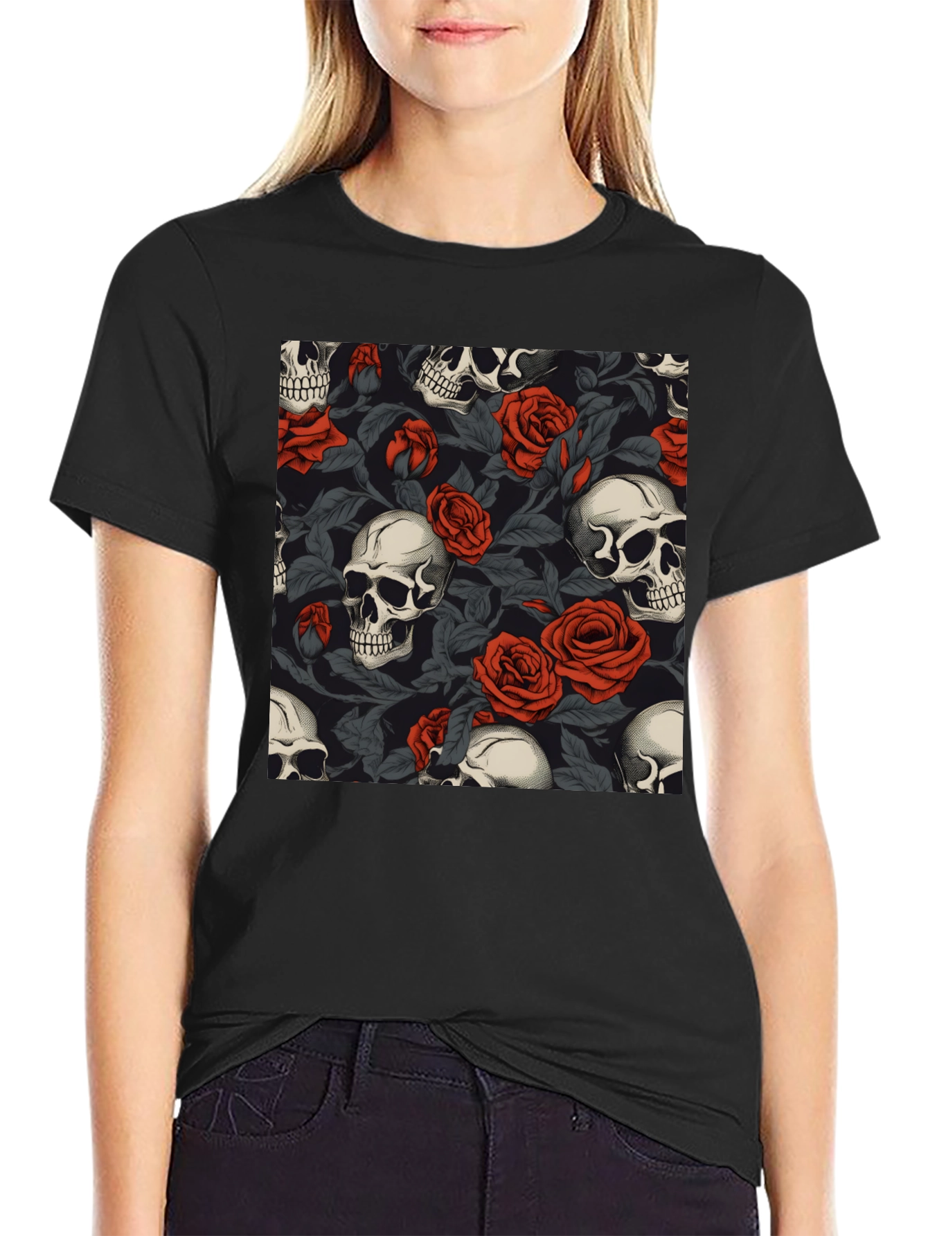 Skull & Roses Graphic Tee - Gothic Style