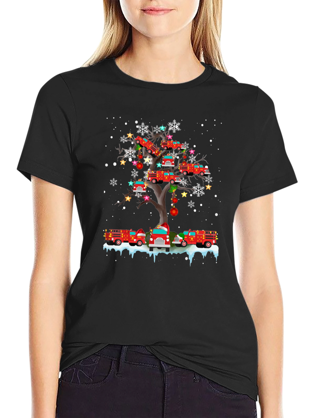Fire Truck Christmas Tree Graphic T-Shirt