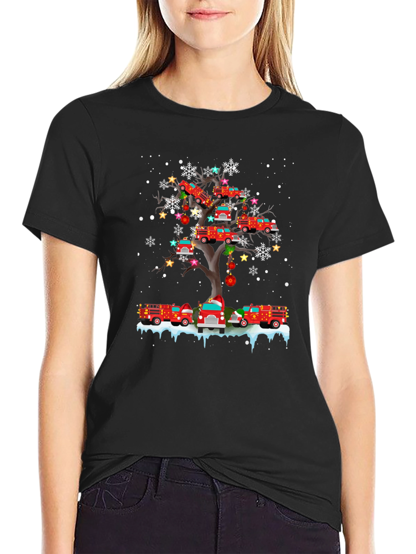 Fire Truck Christmas Tree Graphic T-Shirt