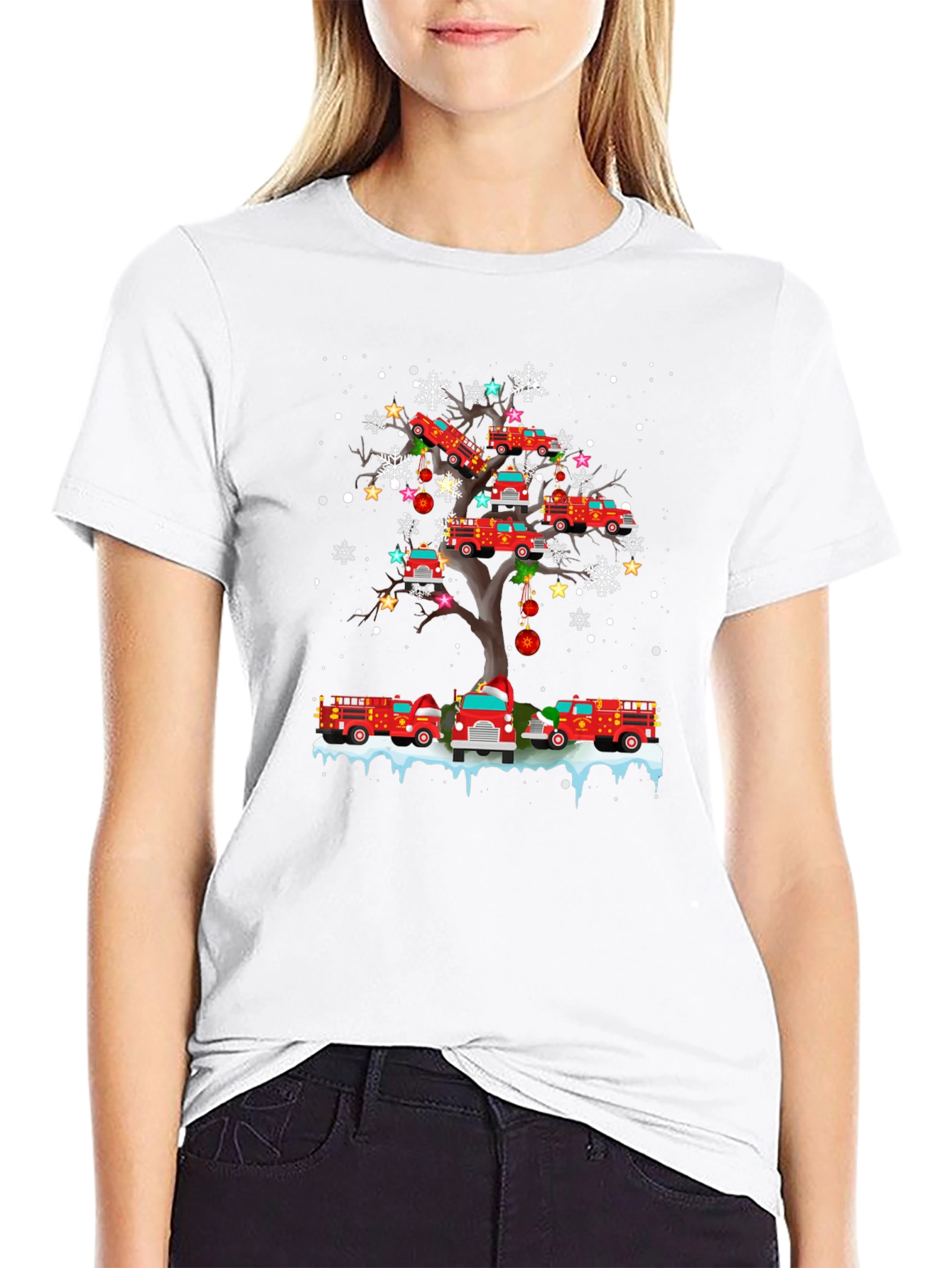 Fire Truck Christmas Tree Graphic T-Shirt