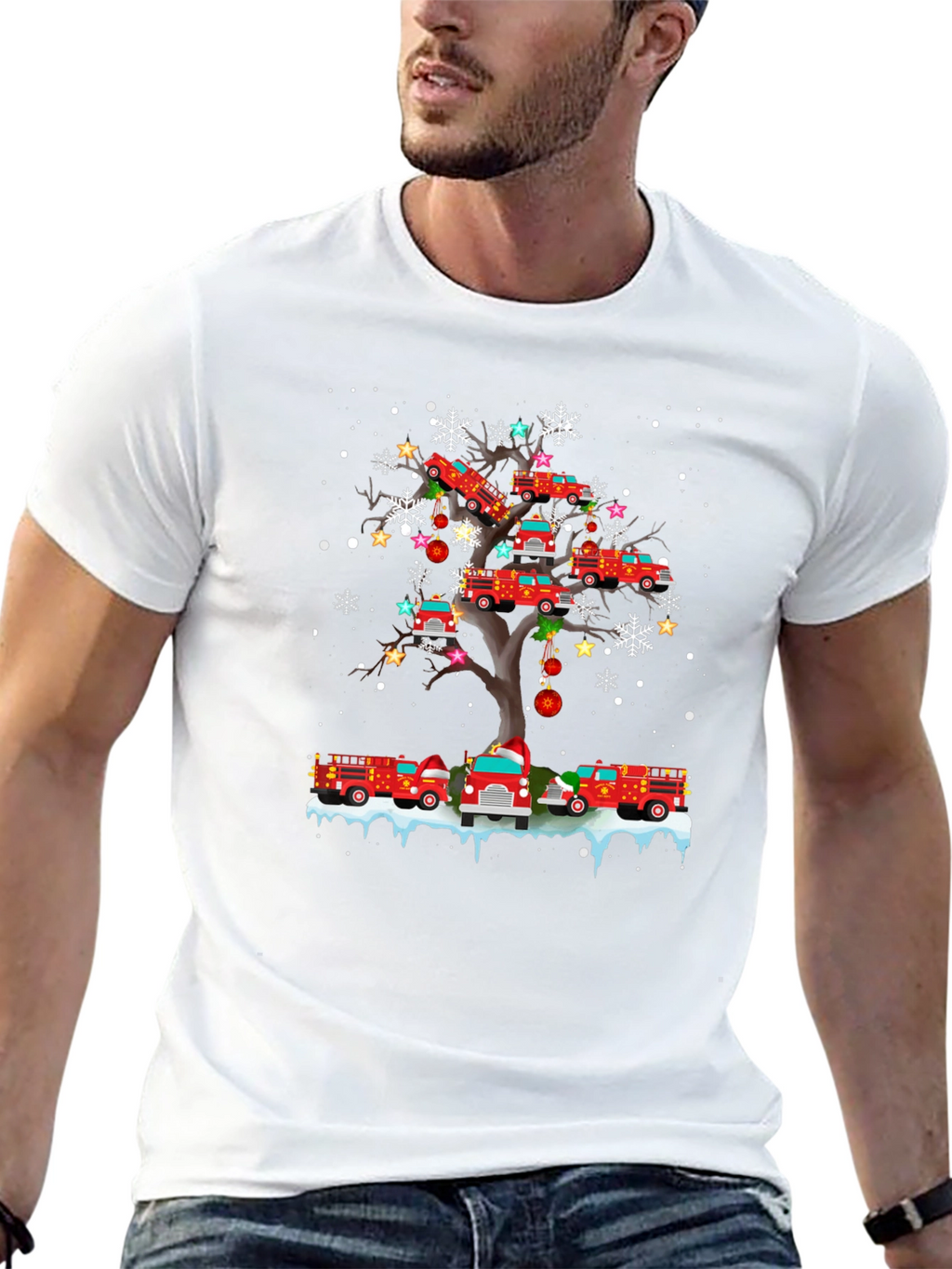 Fire Truck Christmas Tree Graphic T-Shirt